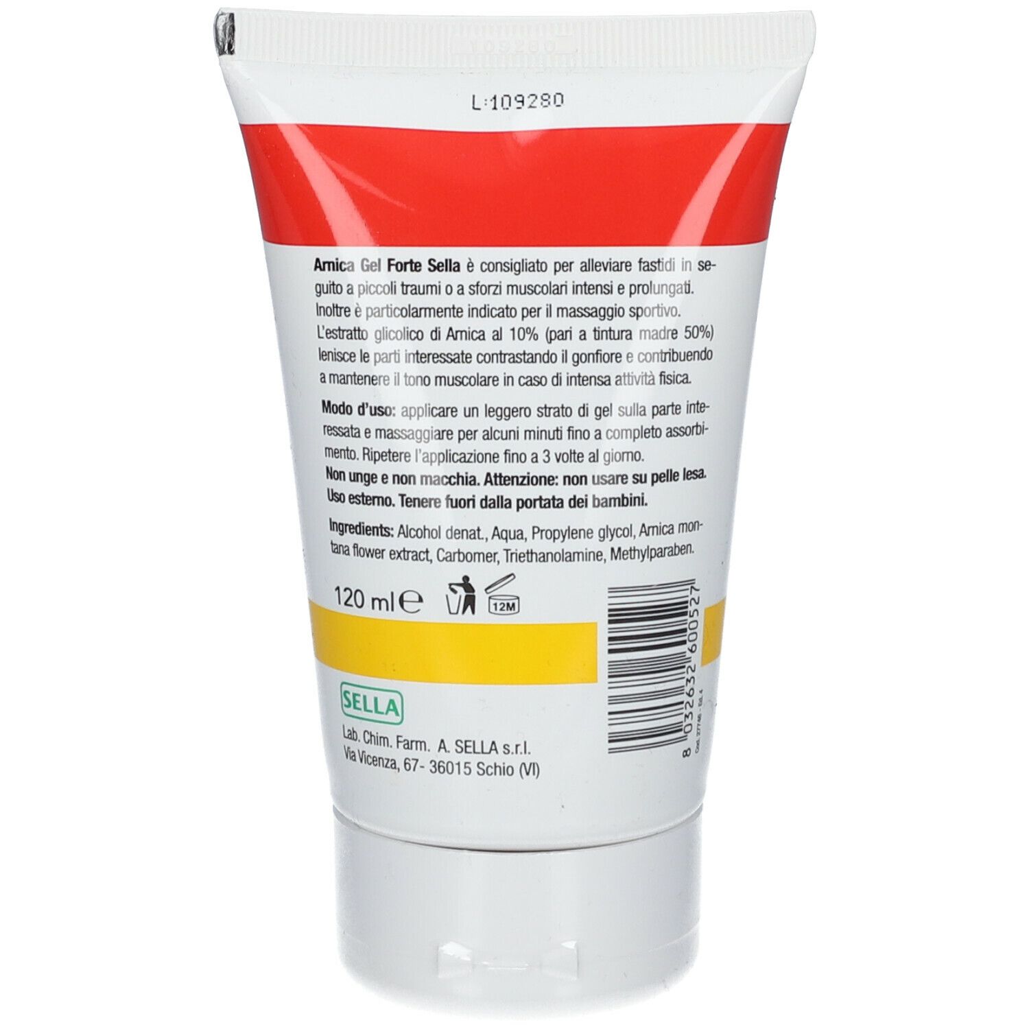 Dos d'un tube blanc avec bande rouge. Texte: Arnica Gel Forte Sella. Ingrédients et instructions d'utilisation. 120 ml. Logo.