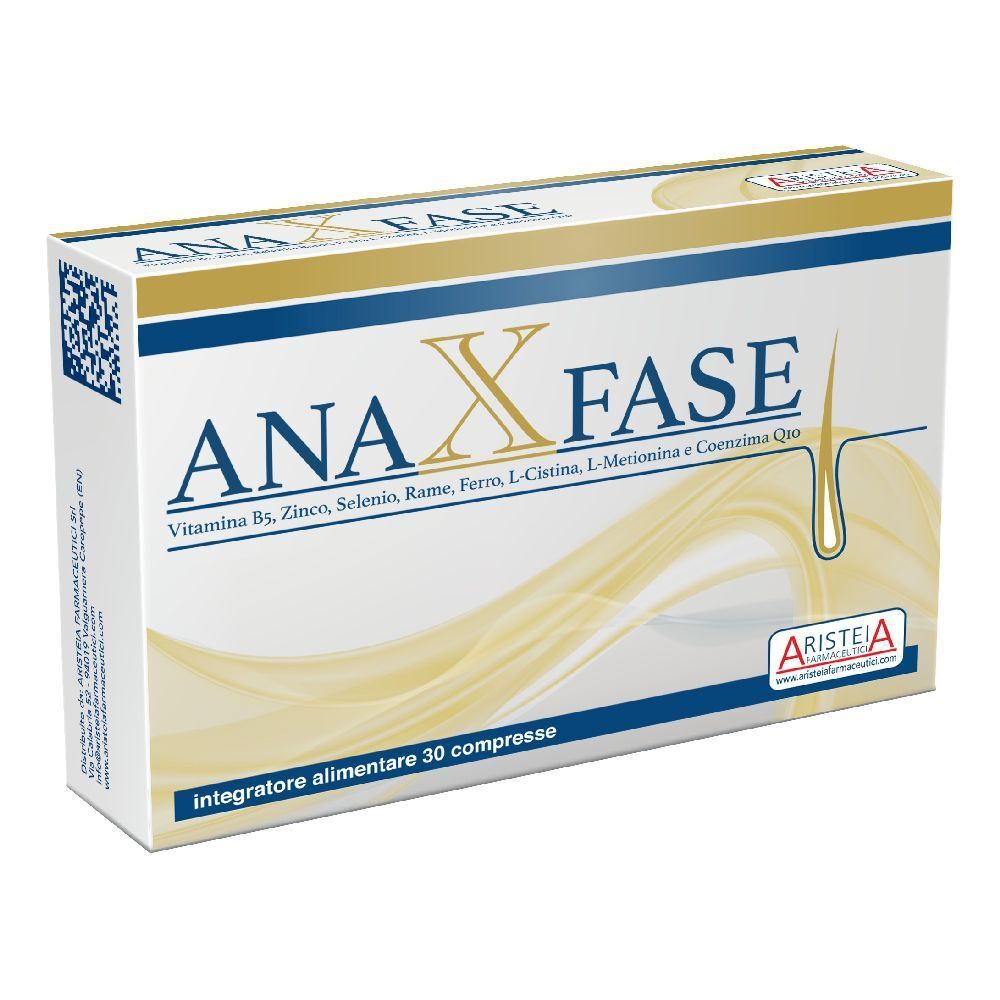 Scatola di compresse 'ANA X FASE'. Contiene vitamina B5, zinco, selenio, ferro, L-cistina, L-metionina e coenzima Q10. Marca: Aristeia.
