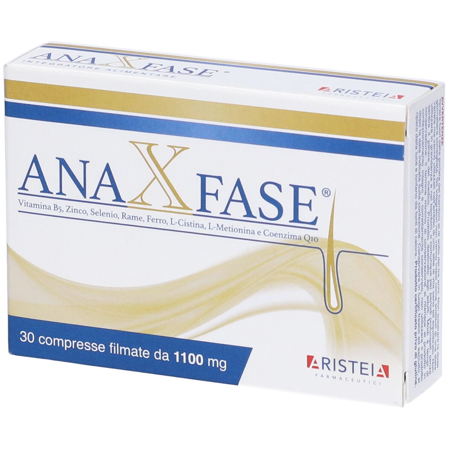 Scatola 'ANA X FASE' con 30 compresse. Contiene vitamina B5, zinco, selenio, ferro, L-cistina, L-metionina e coenzima Q10. Marca: Aristeia.