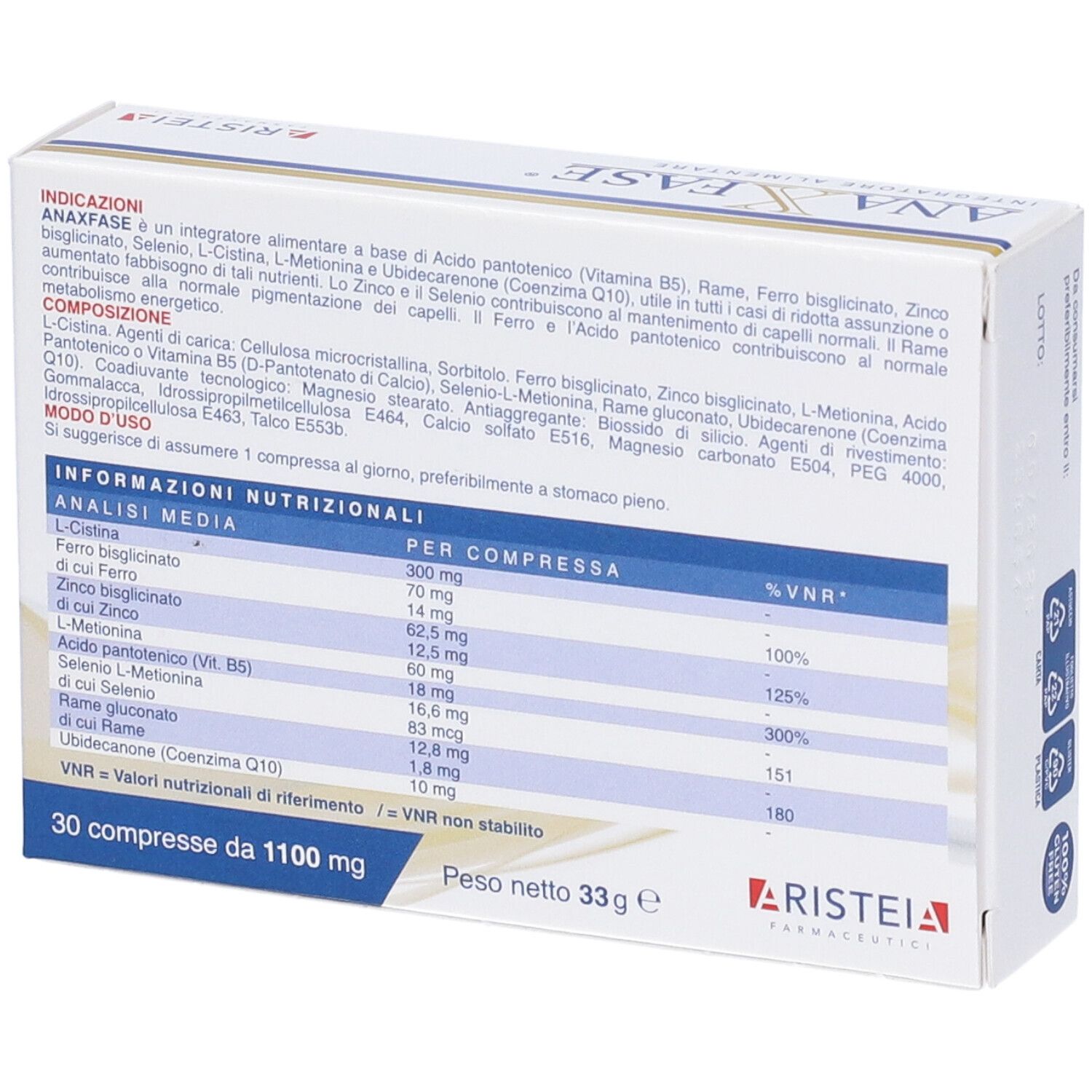 Retro della scatola 'ANA X FASE' con ingredienti e informazioni nutrizionali. Marca: Aristeia.