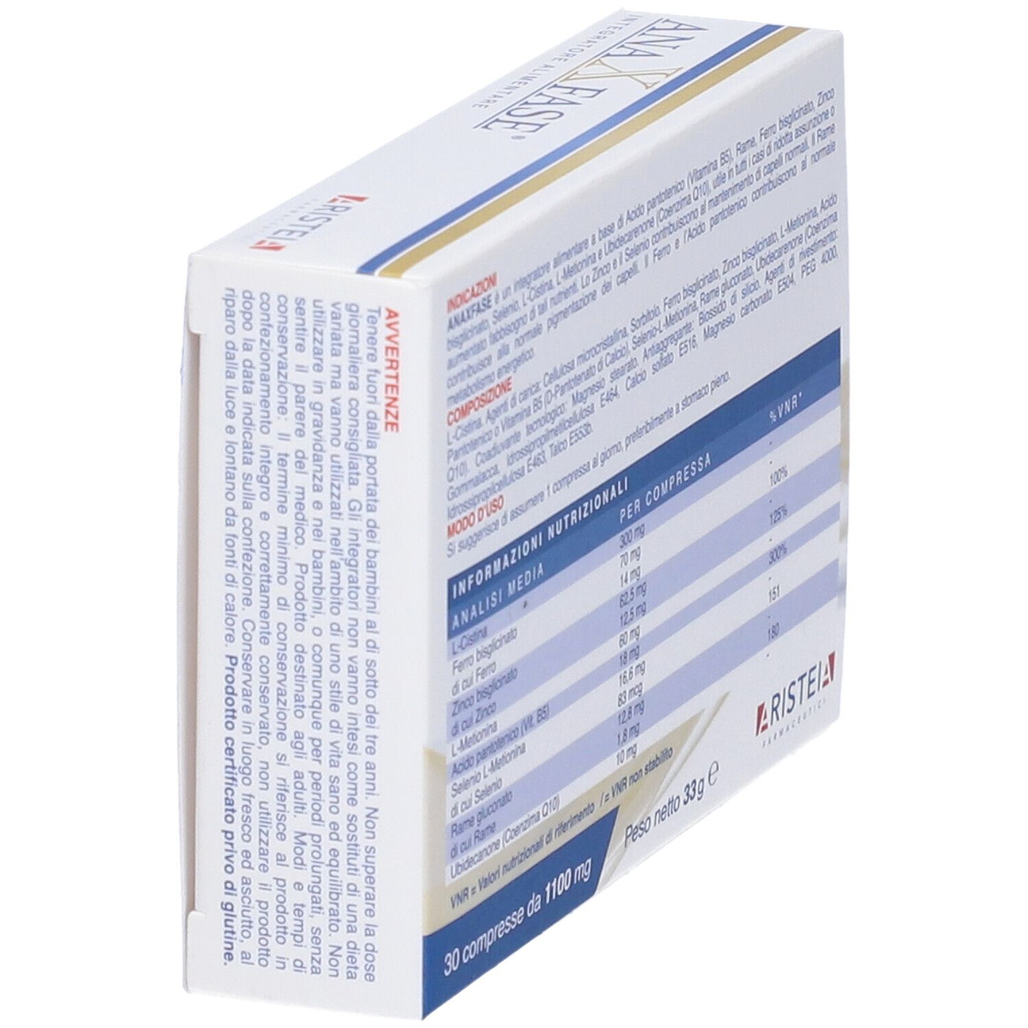 Scatola 'ANA X FASE' con ingredienti e informazioni nutrizionali. Marca: Aristeia.