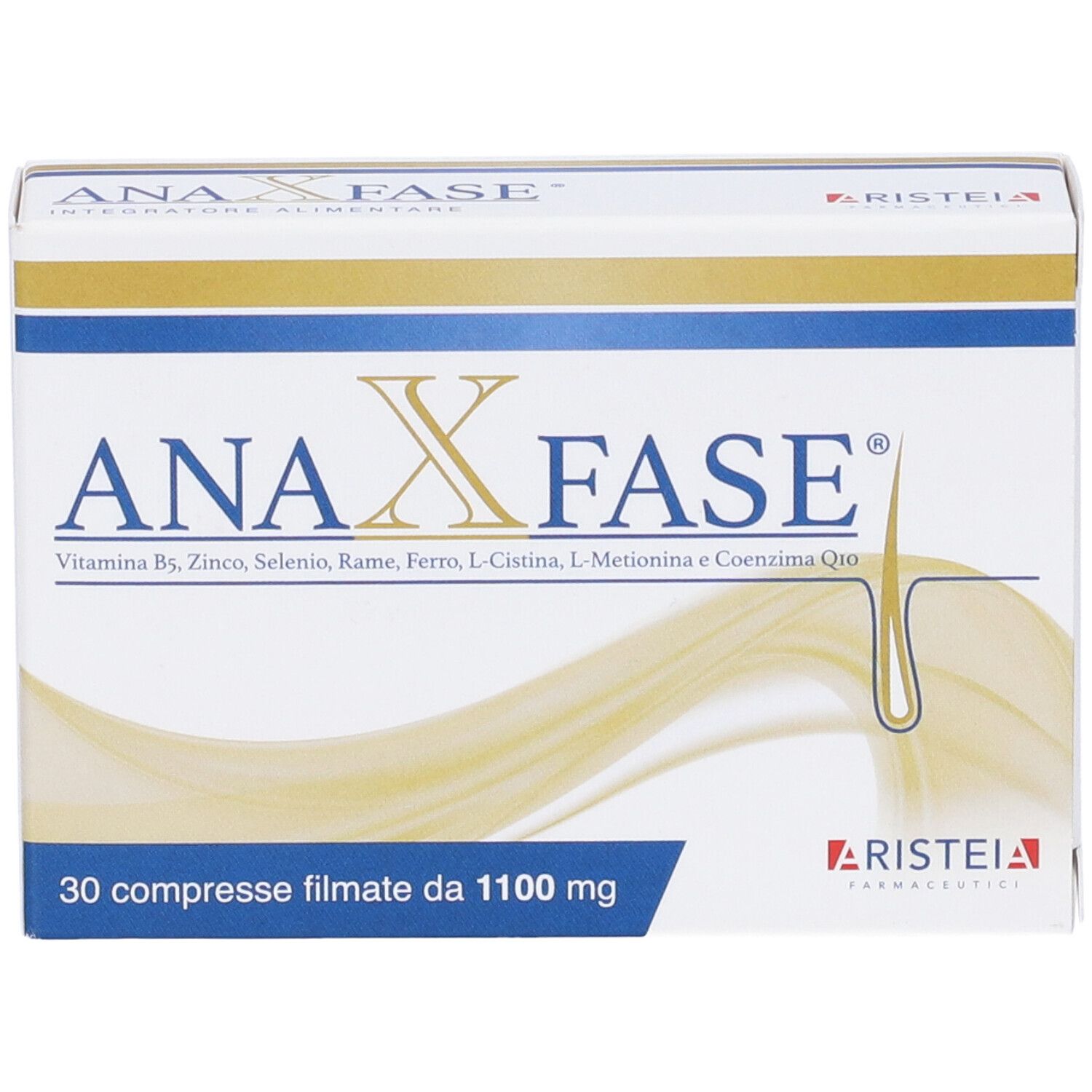 Scatola 'ANA X FASE' con 30 compresse. Contiene vitamina B5, zinco, selenio, ferro, L-cistina, L-metionina e coenzima Q10. Marca: Aristeia.