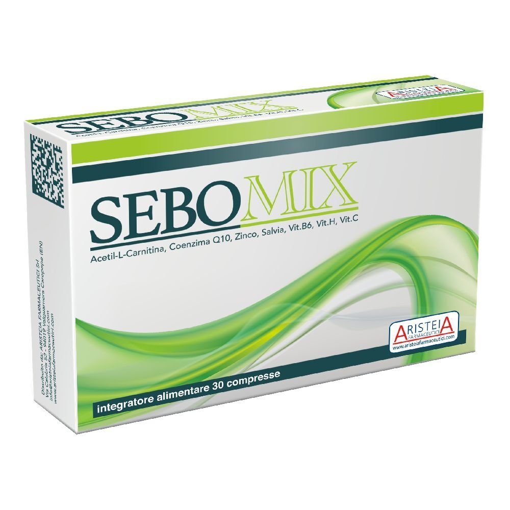 Scatola "SEBOMIX". Contiene Acetil-L-Carnitina, Coenzima Q10, Zinco, Salvia, Vit. B6, Vit. C. Logo "ARISTEIA". "integratore alimentare 30 compresse".