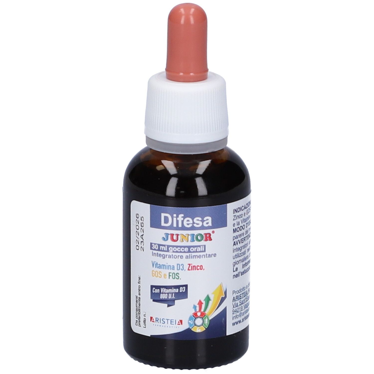 Flacone di vetro marrone con contagocce. Contiene Difesa Junior Gocce Orali. Con vitamina D3, zinco, GOS e FOS. Con istruzioni.