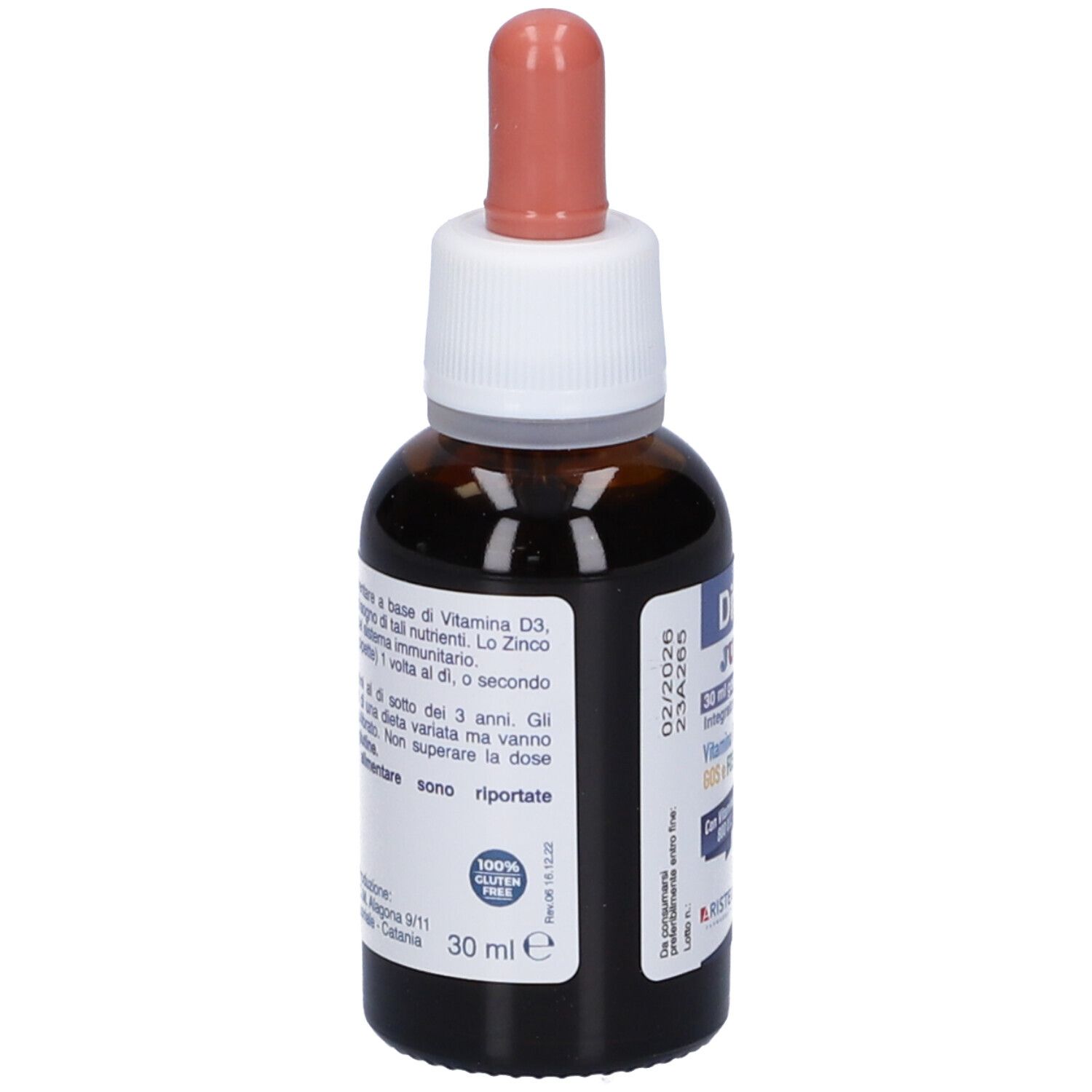 Flacone di vetro marrone con contagocce. Contiene Difesa Junior Gocce Orali. Con vitamina D3, zinco, GOS e FOS. Con istruzioni.