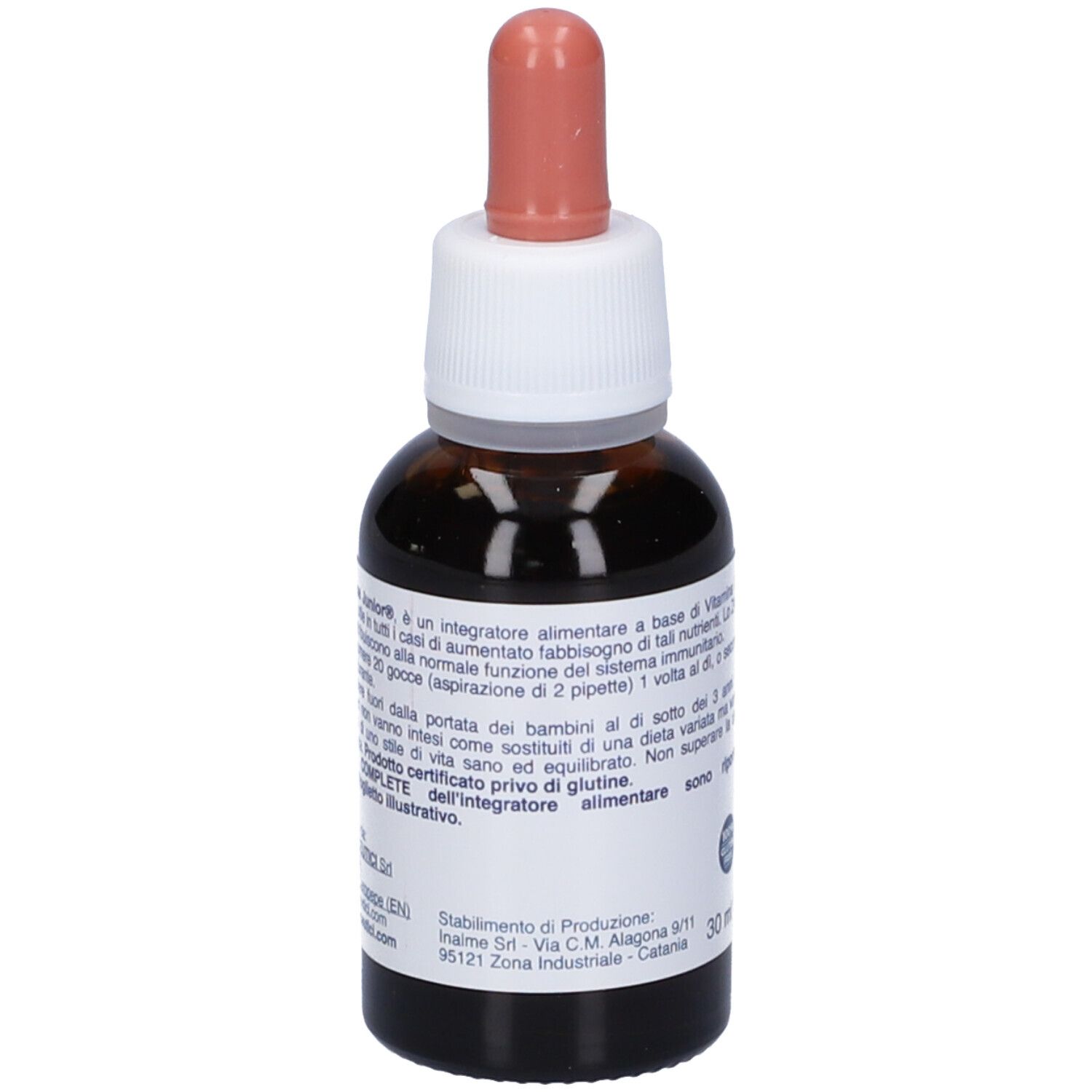 Flacone di vetro marrone con contagocce. Contiene Difesa Junior Gocce Orali. Con vitamina D3, zinco, GOS e FOS. Con istruzioni.