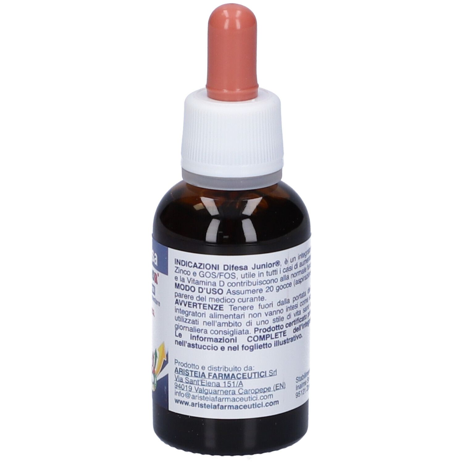 Flacone di vetro marrone con contagocce. Contiene Difesa Junior Gocce Orali. Con vitamina D3, zinco, GOS e FOS. Con istruzioni.
