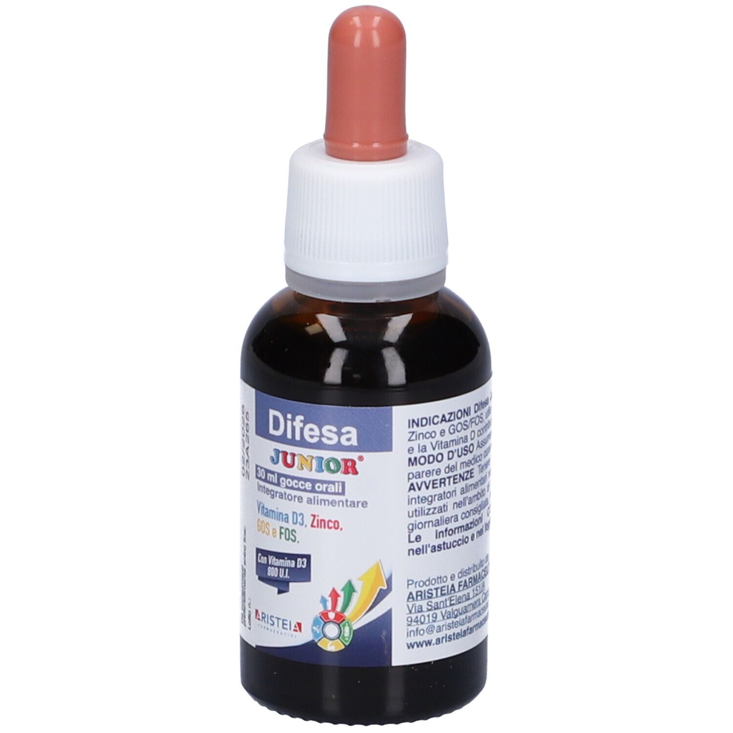 Flacone di vetro marrone con contagocce. Contiene Difesa Junior Gocce Orali. Con vitamina D3, zinco, GOS e FOS. Con istruzioni.
