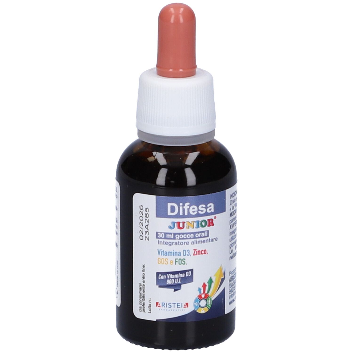 Flacone di vetro marrone con contagocce. Contiene Difesa Junior Gocce Orali. Con vitamina D3, zinco, GOS e FOS. Con istruzioni.