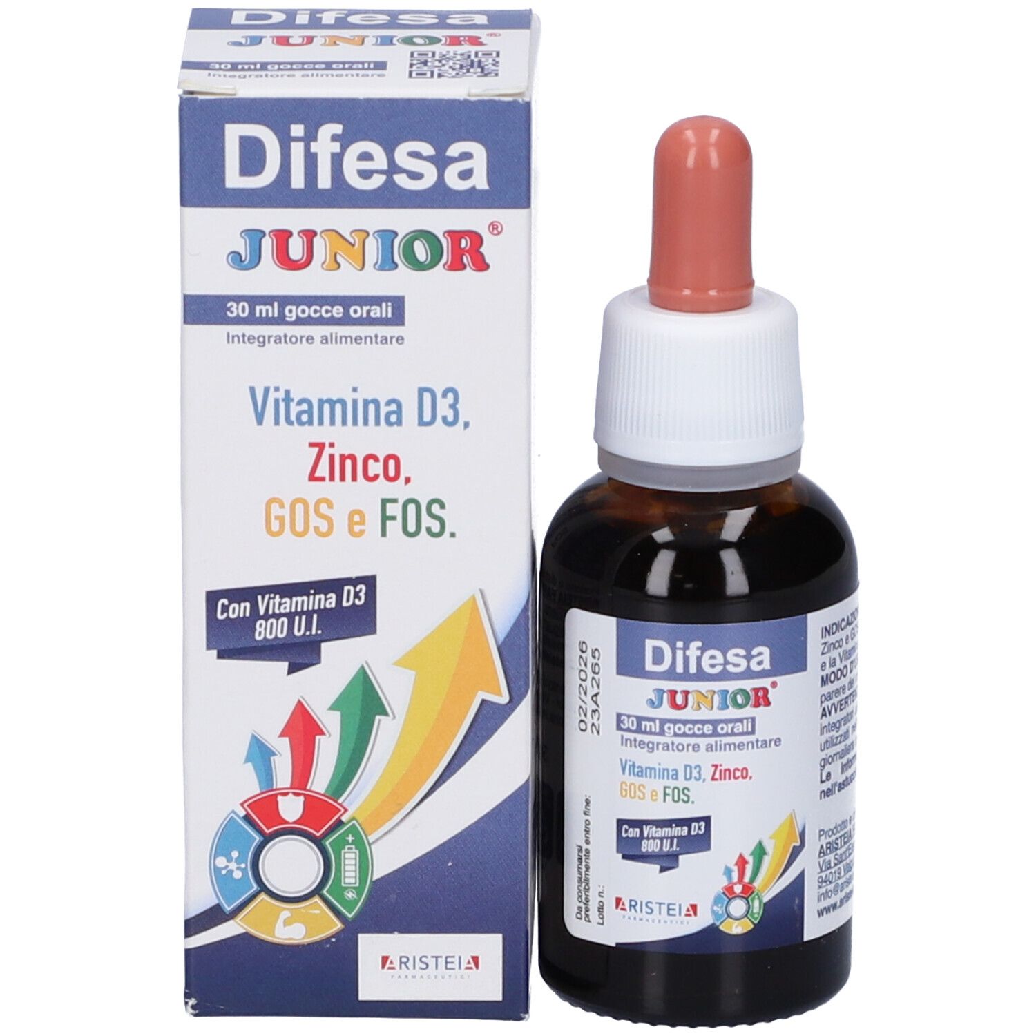 Flacone e confezione di Difesa Junior Gocce Orali. Contiene vitamina D3, zinco, GOS e FOS. Con istruzioni.