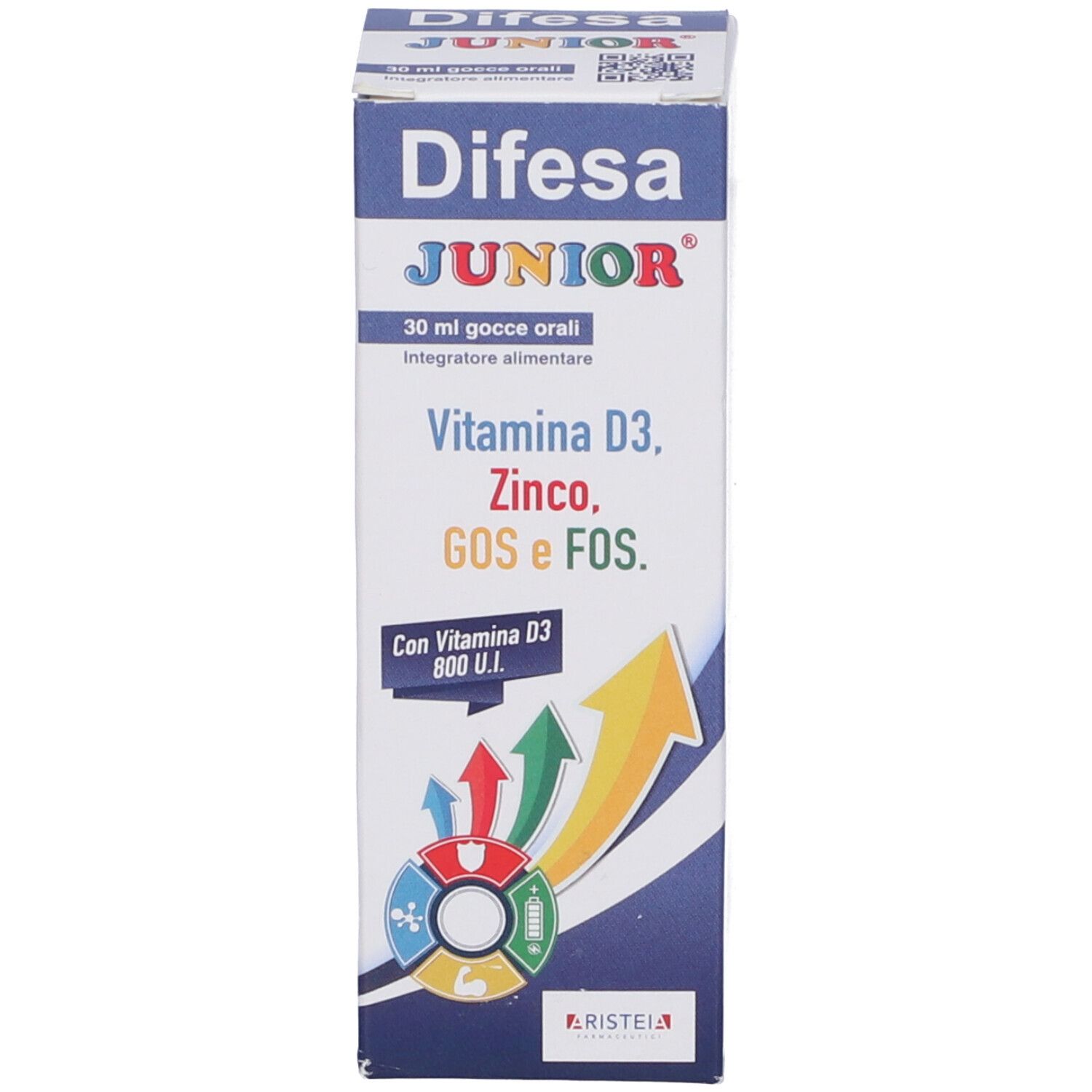 Confezione di Difesa Junior Gocce Orali. Contiene vitamina D3, zinco, GOS e FOS. Con grafica a frecce e logo.
