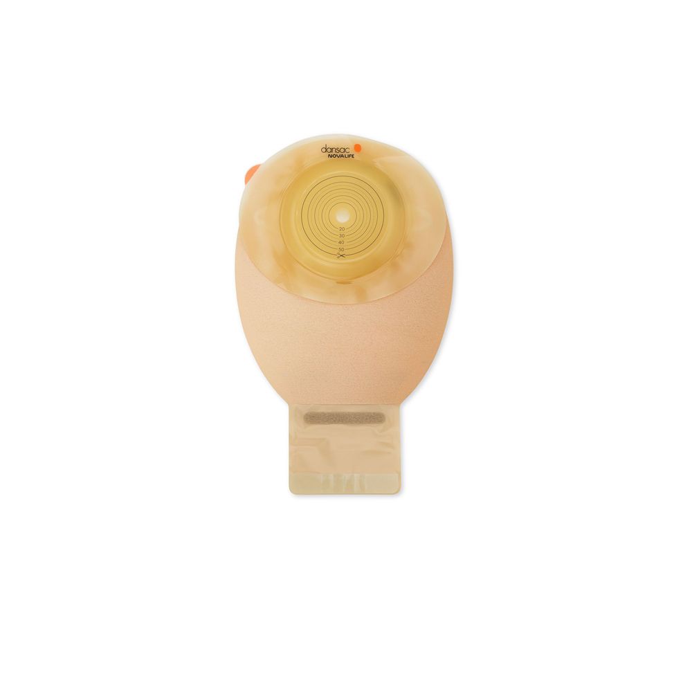 Sacchetto medico beige con centro giallo e linee di misurazione. Marchio Dansac visibile. Chiusura arancione.
