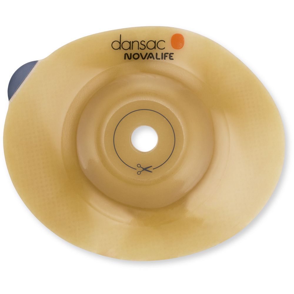 Placca base convessa. Marchio Dansac Novalife. Con apertura per stomia. Beige e trasparente.