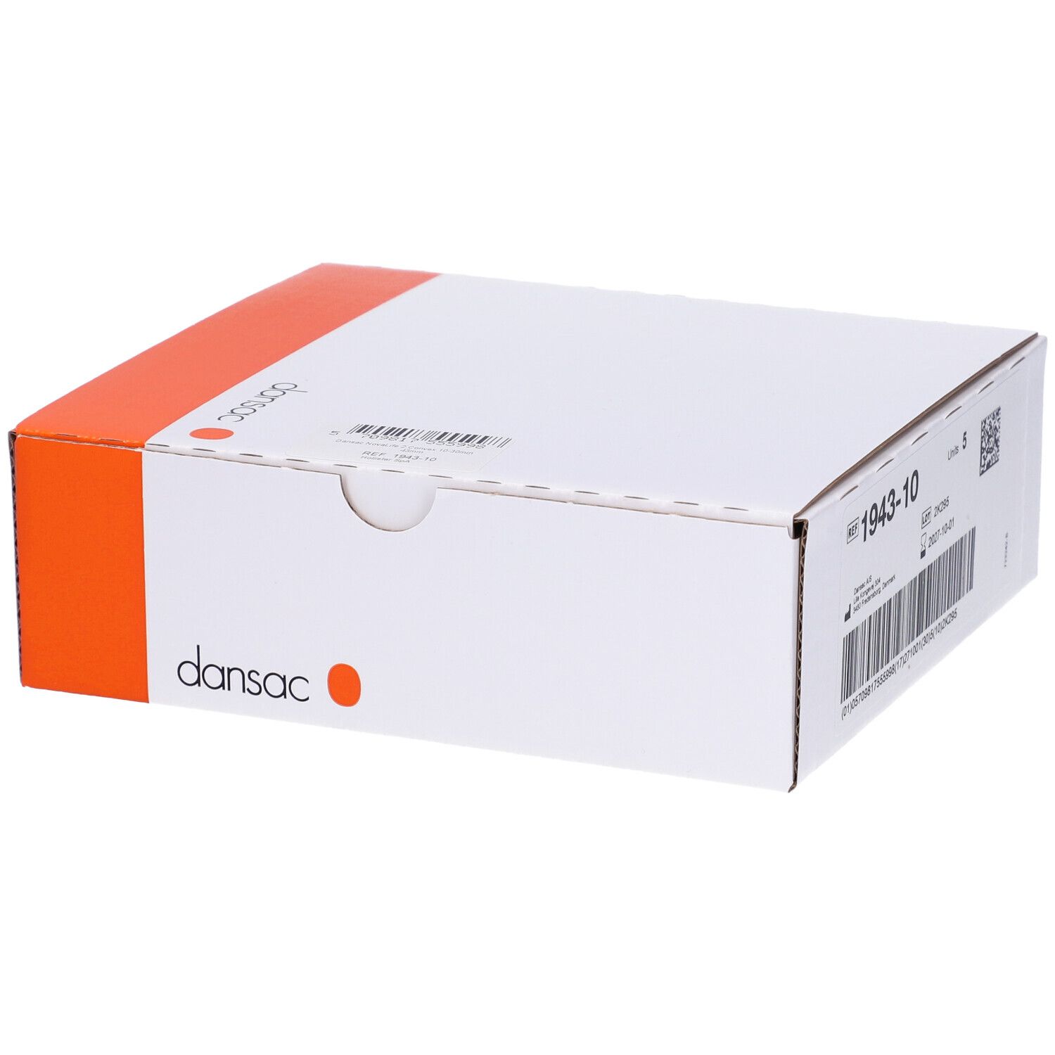 Confezione con logo Dansac e accento arancione. Informazioni sul prodotto e codice a barre sulla confezione.
