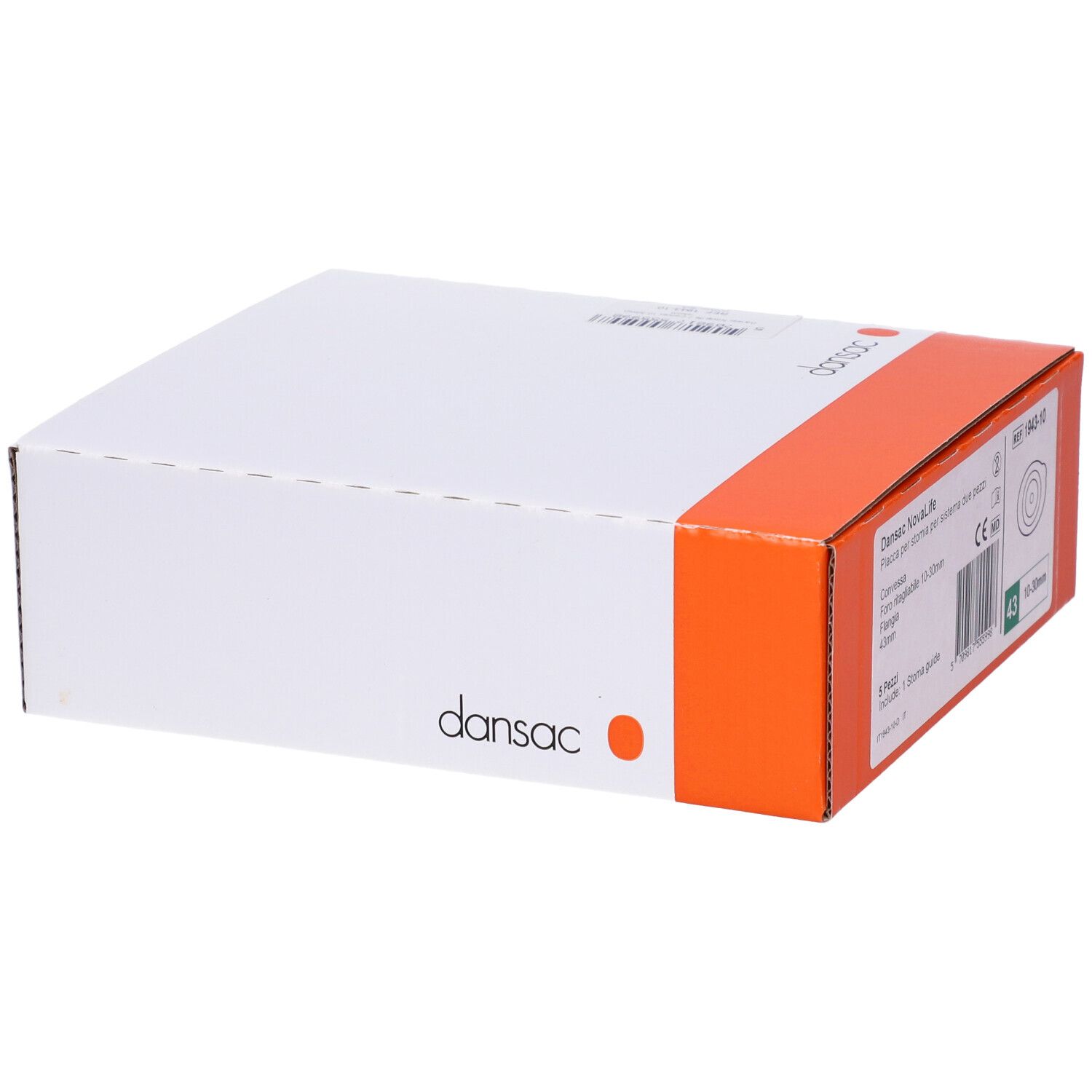 Confezione con logo Dansac e accento arancione. Informazioni sul prodotto e codice a barre sulla confezione.