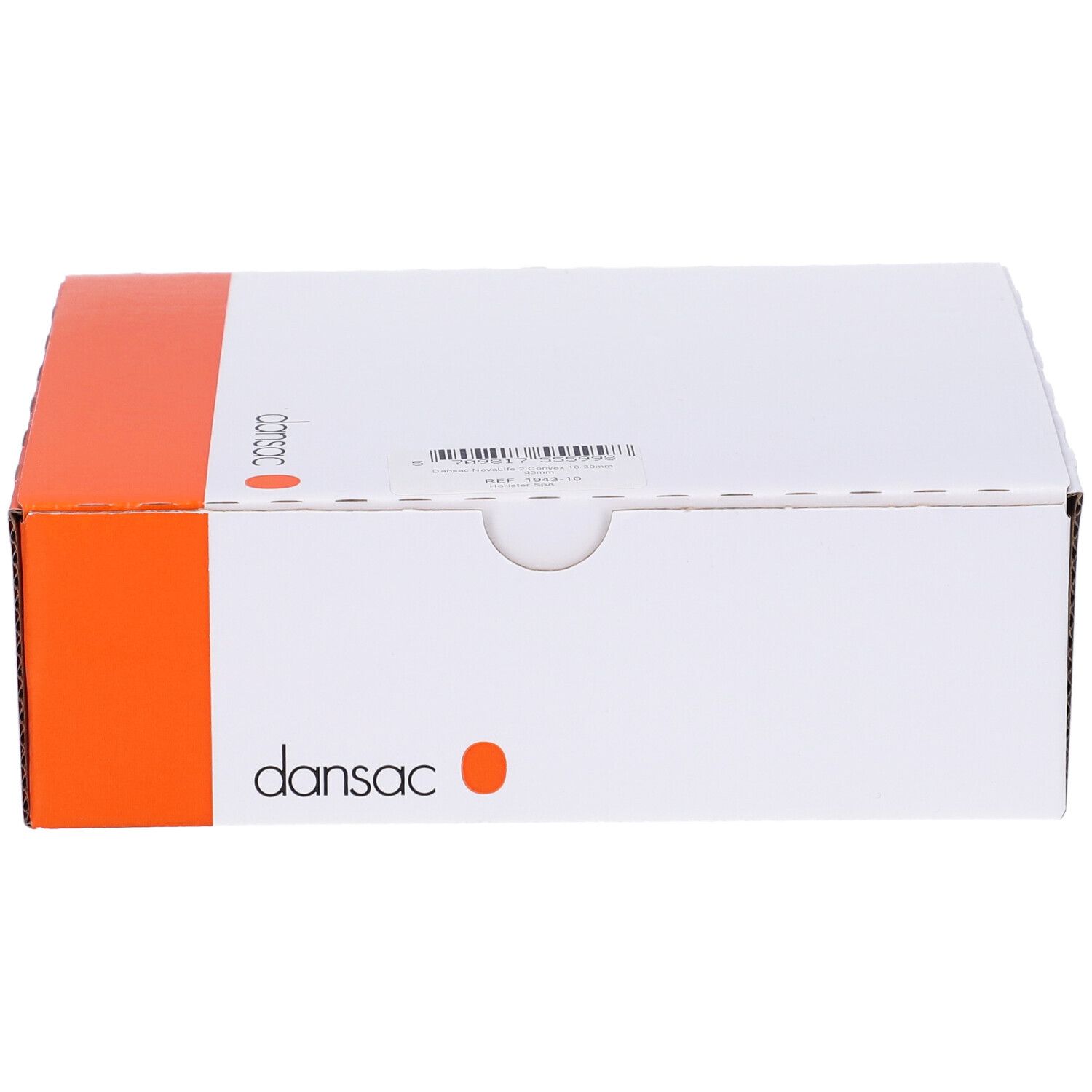 Confezione con logo Dansac e accento arancione. Informazioni sul prodotto e codice a barre sulla confezione.