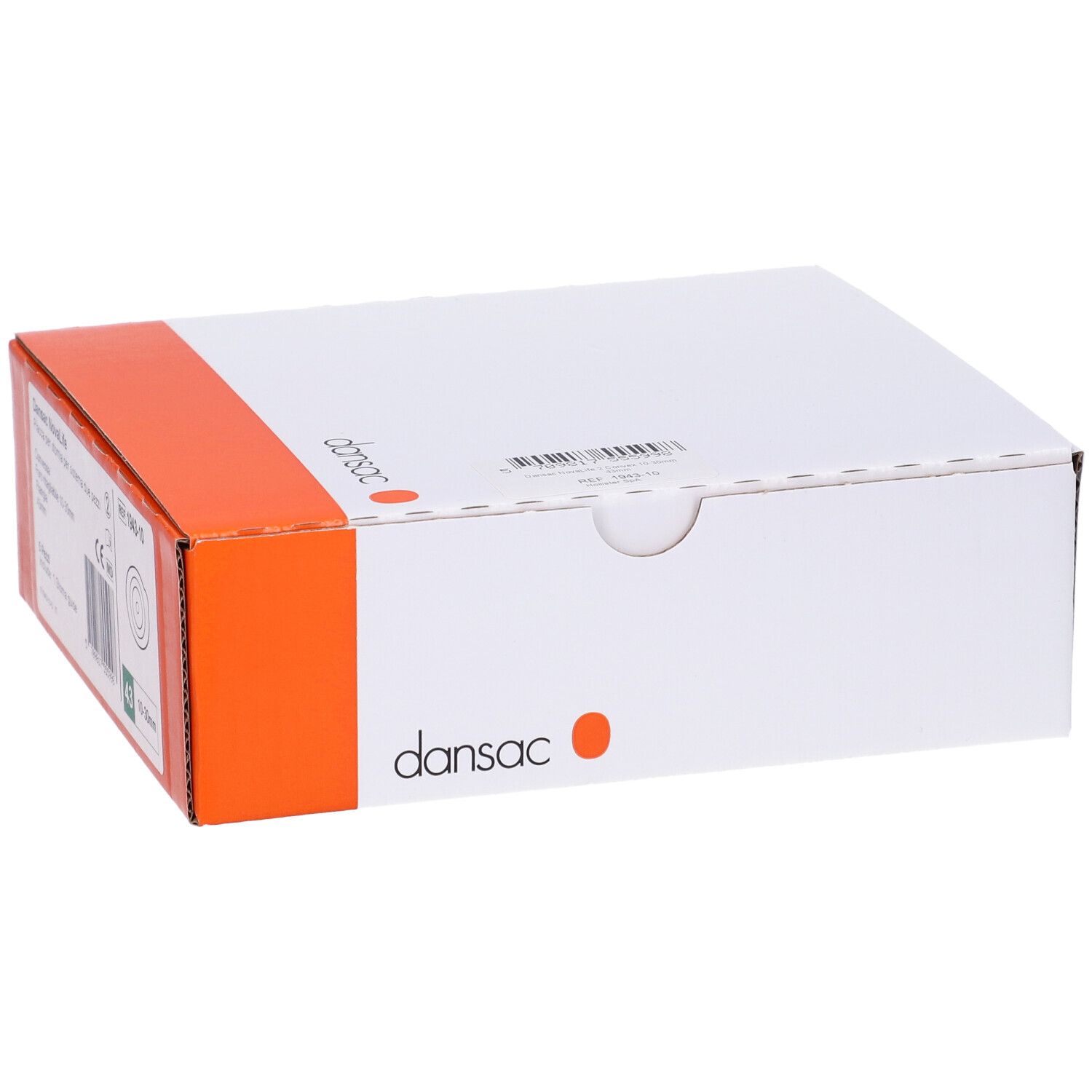 Confezione con logo Dansac e accento arancione. Informazioni sul prodotto e codice a barre sulla confezione.