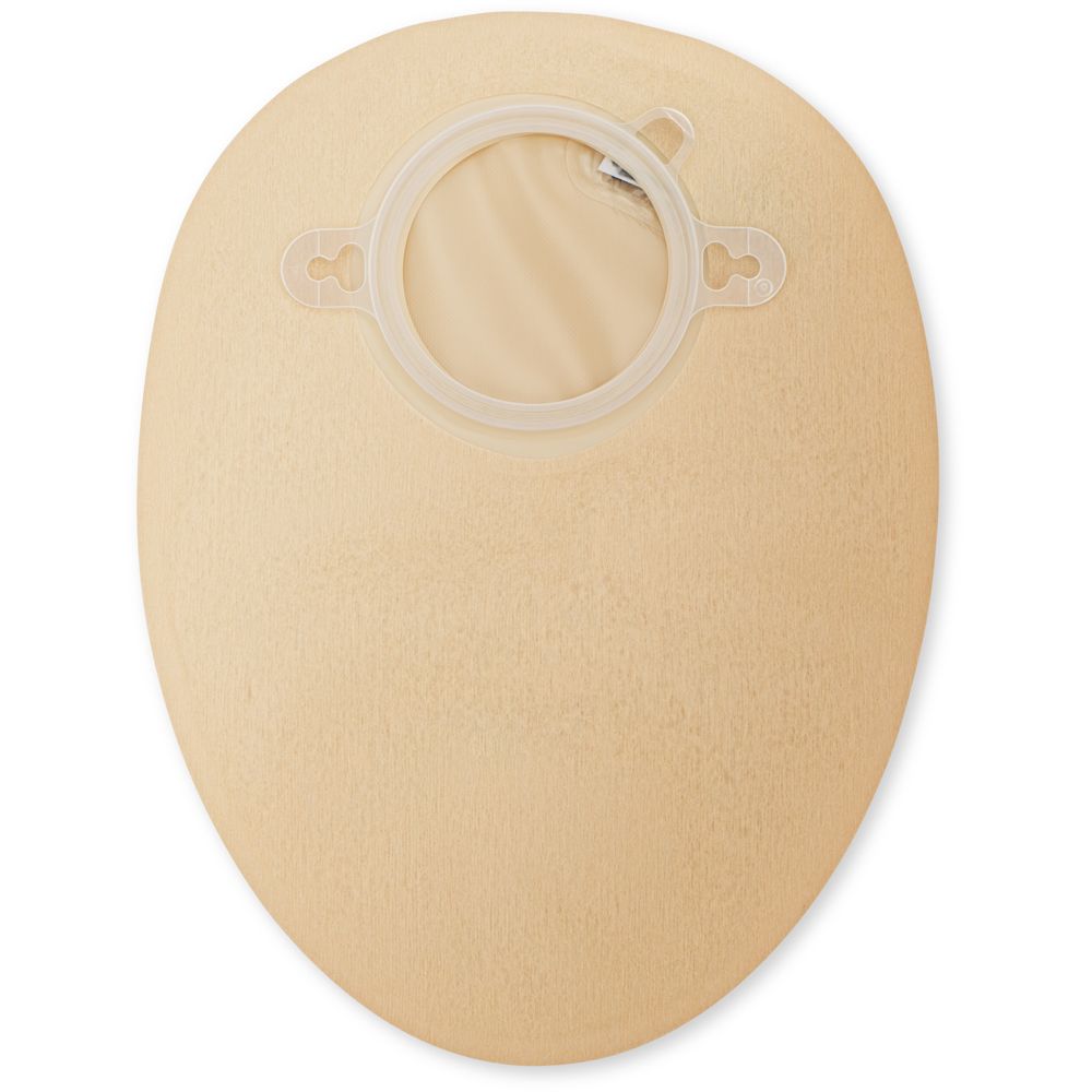 Sacchetto beige con anello trasparente. L'anello ha due punti di fissaggio.