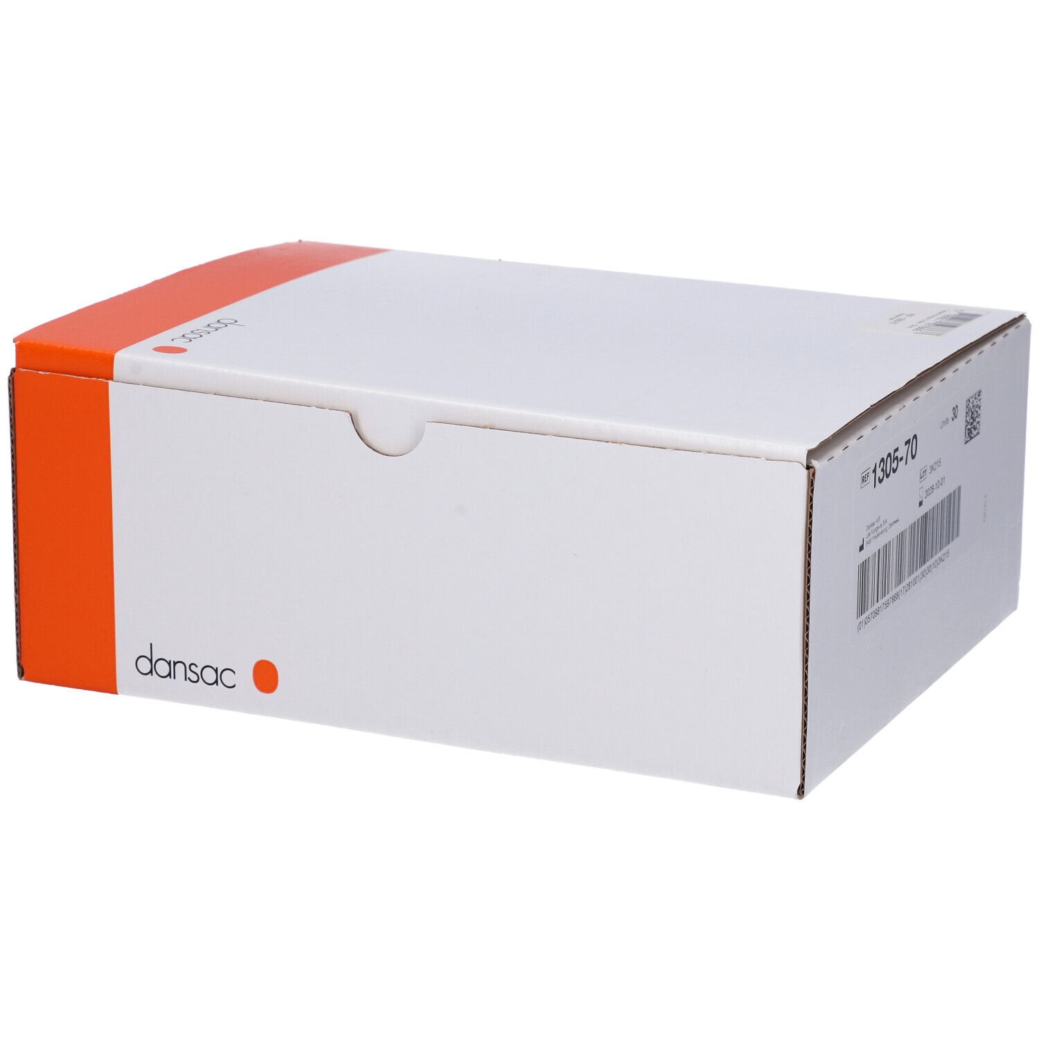 Confezione bianca con fascia arancione. Logo Dansac. Riferimento 1305-70.