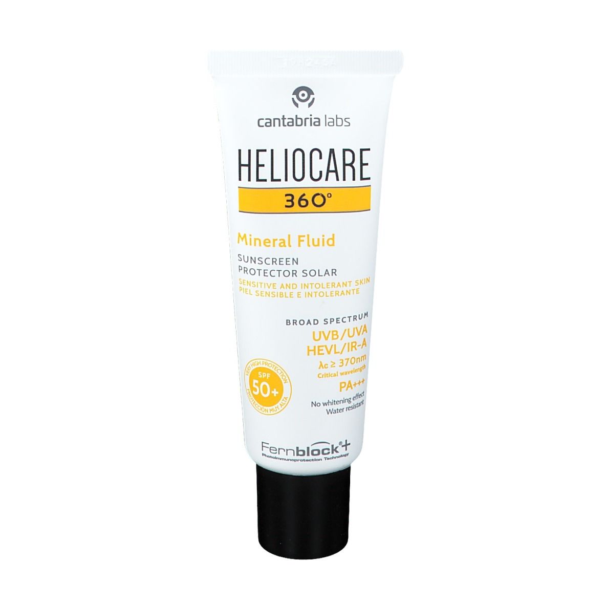 Tubo bianco, tappo nero. Scritta: HELIOCARE 360°, Mineral Fluid, SPF 50+. Logo giallo.