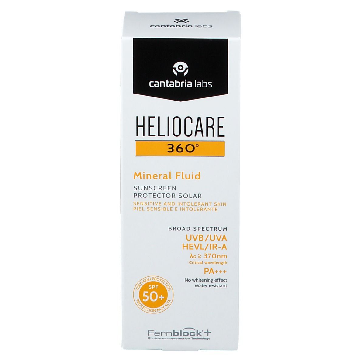 Confezione bianca. Scritta: HELIOCARE 360°, Mineral Fluid, SPF 50+. Logo giallo.