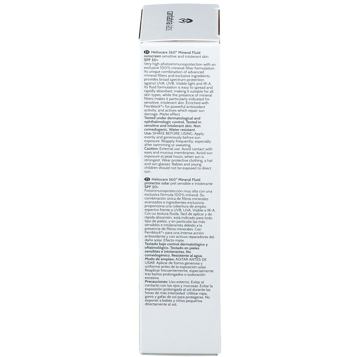 Lato della confezione. Testo multilingue. Scritta: HELIOCARE 360° Mineral Fluid.
