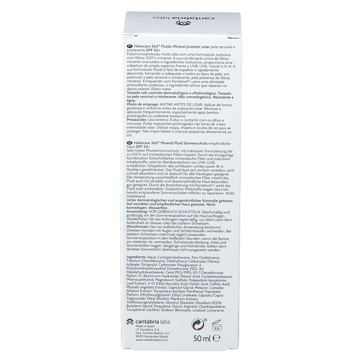 Lato della confezione. Testo multilingue. Scritta: HELIOCARE 360° Mineral Fluid.