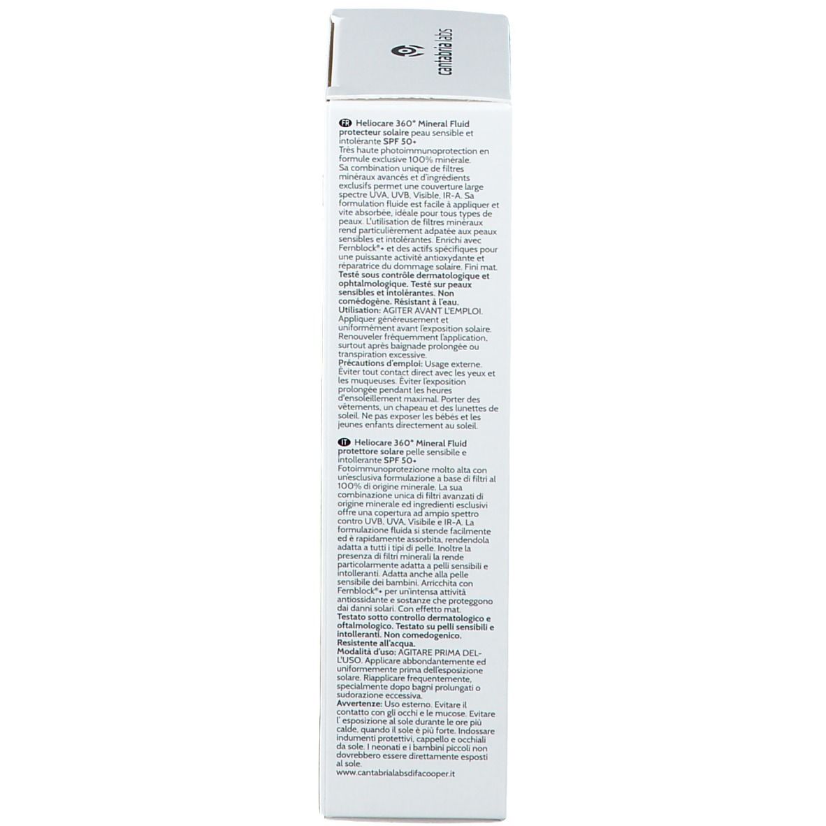 Lato della confezione. Testo multilingue. Scritta: HELIOCARE 360° Mineral Fluid.