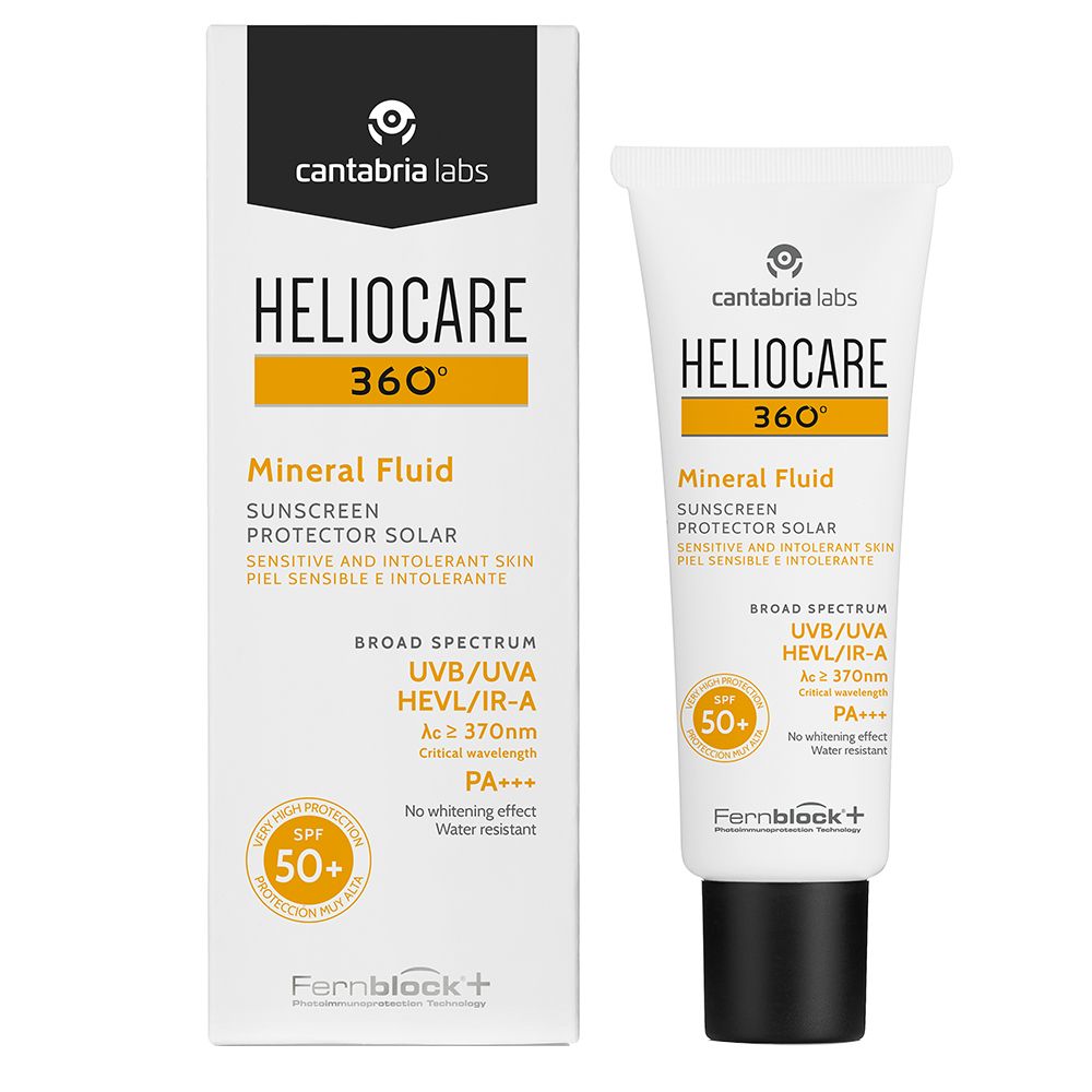 Confezione e tubo. Scritta: HELIOCARE 360°, Mineral Fluid, SPF 50+. Logo giallo. Confezione bianca.