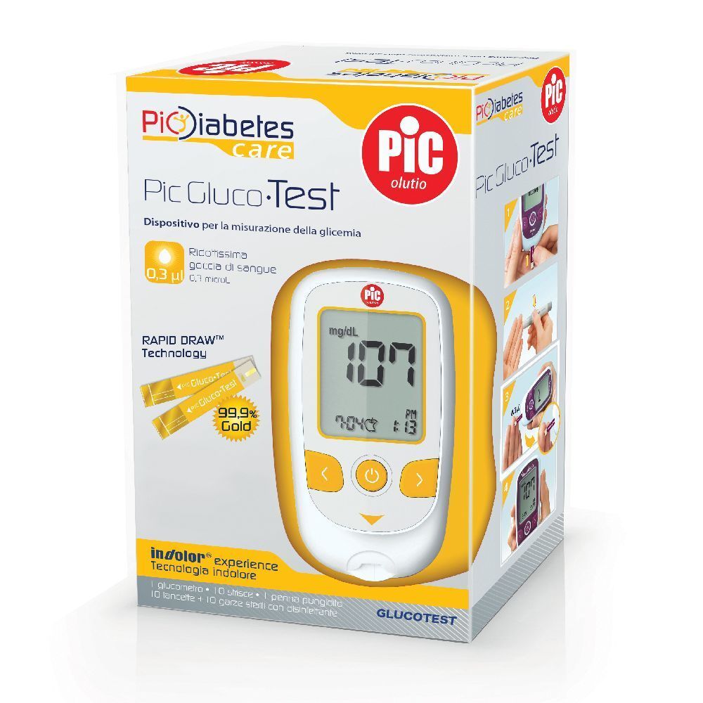 Confezione Pic Gluco-Test. Il misuratore mostra 107 mg/dL. Strisce reattive dorate. Logo Pic visibile.
