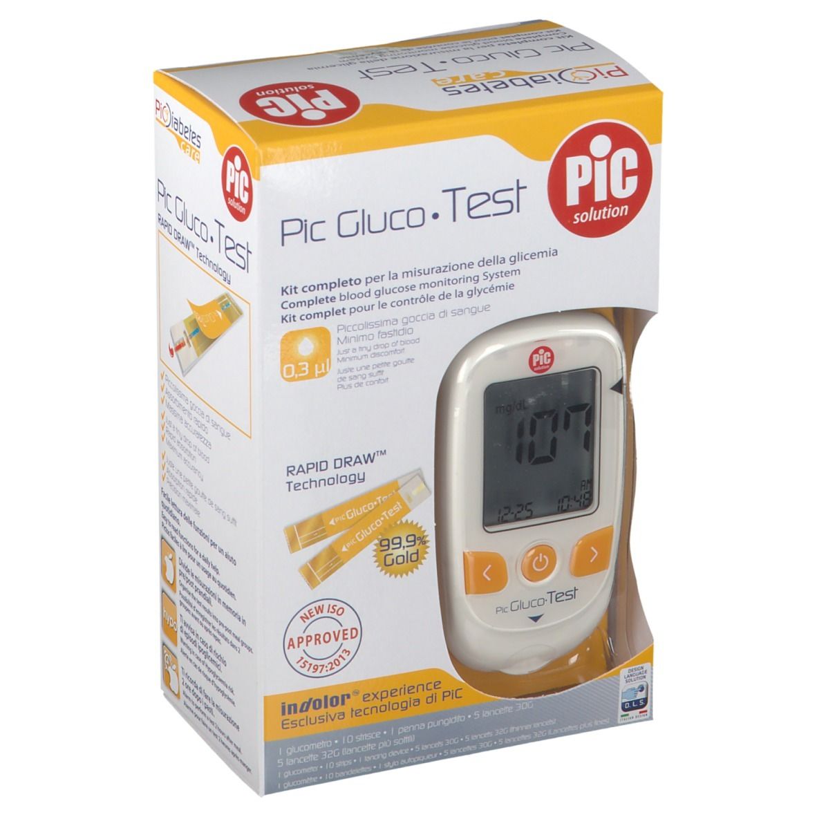 Kit Pic Gluco-Test in confezione. Il dispositivo mostra 107 mg/dL. Strisce dorate. Certificazione ISO.