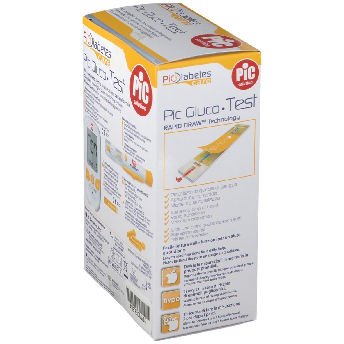Confezione Pic Gluco-Test. Il dispositivo mostra 107 mg/dL. Illustrazioni d'uso. Informazioni prodotto.