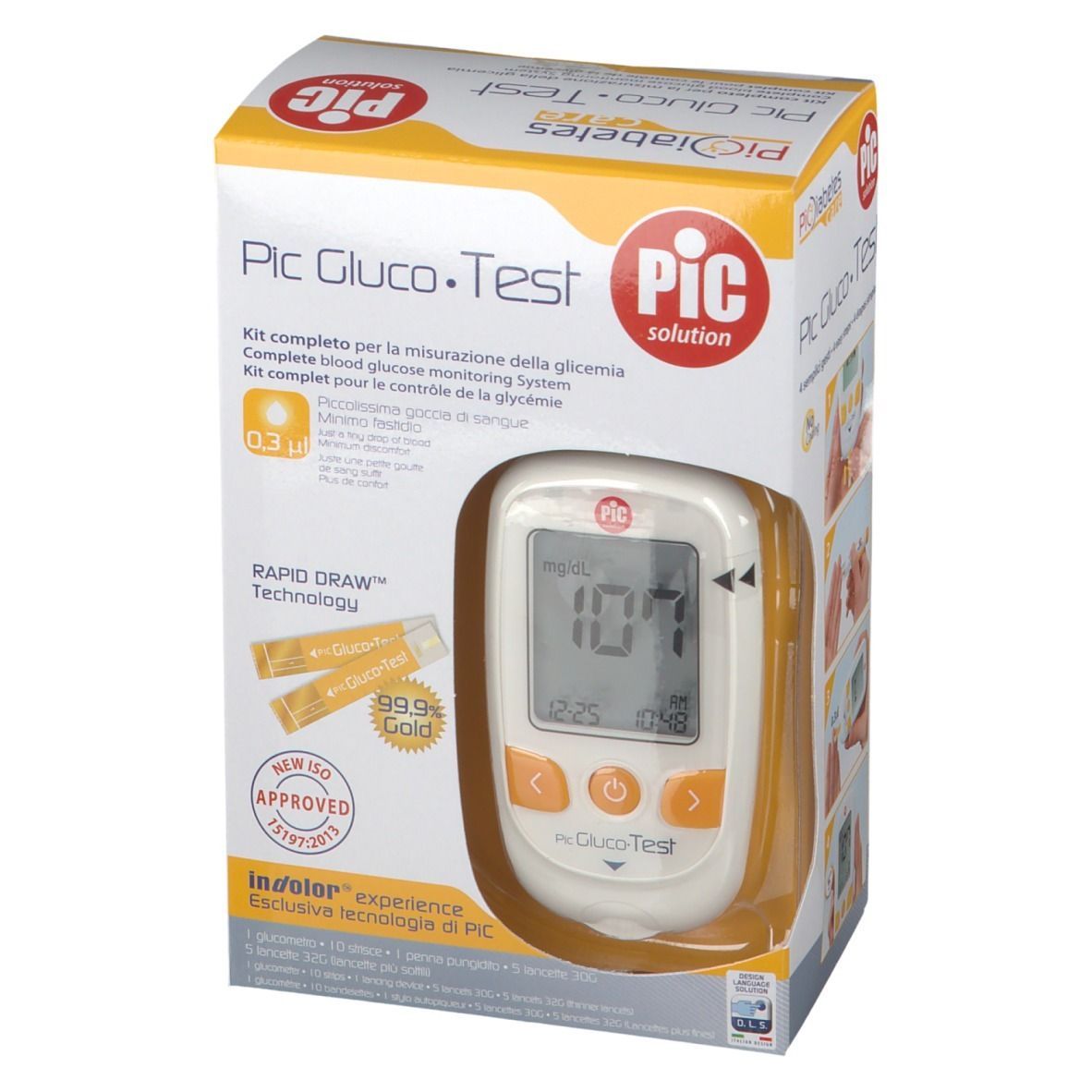 Kit Pic Gluco-Test in confezione. Il dispositivo mostra 107 mg/dL. Strisce dorate. Certificazione ISO.