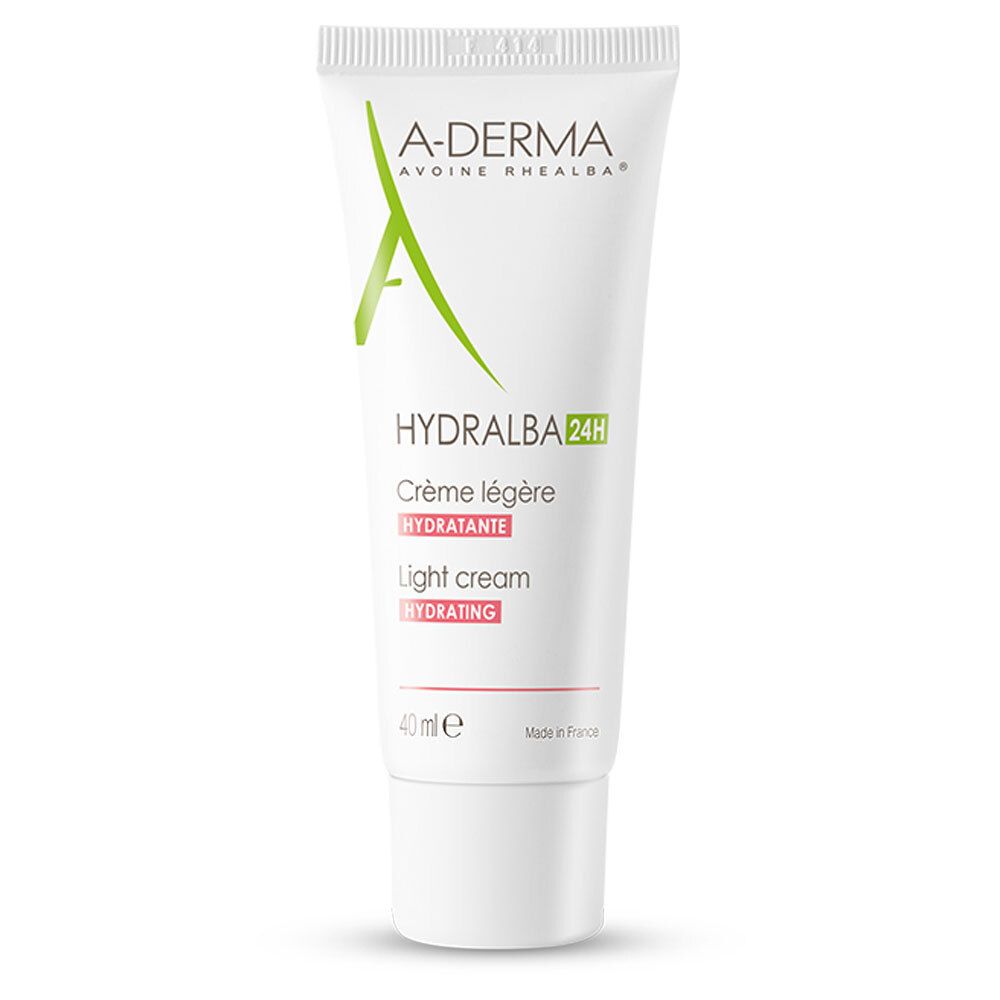 Tubo bianco A-Derma Hydralba 24H. Crème légère, light cream. Scritta 40 ml.