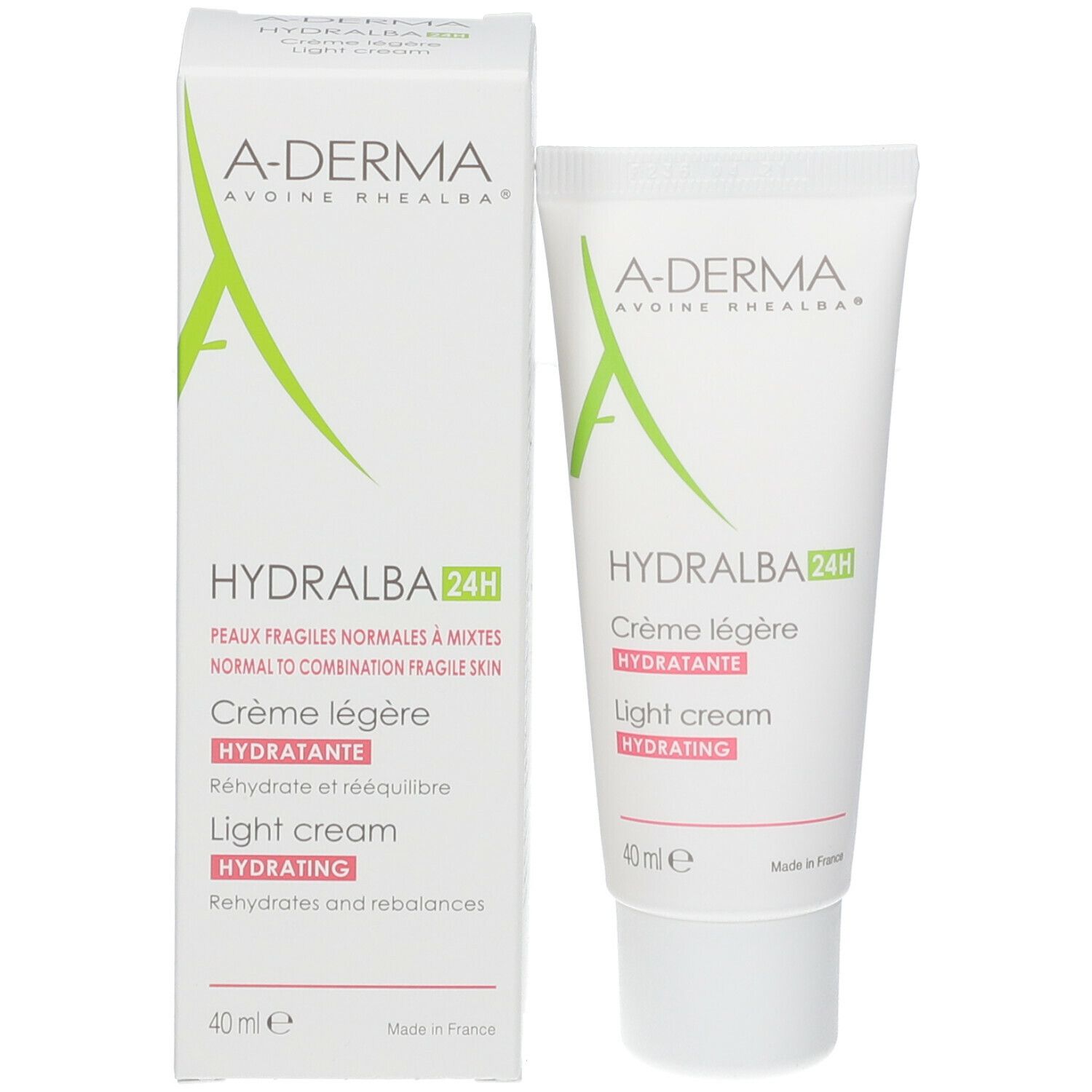 Prodotto e confezione. A-Derma Hydralba 24H. Crème légère, light cream. 40 ml.