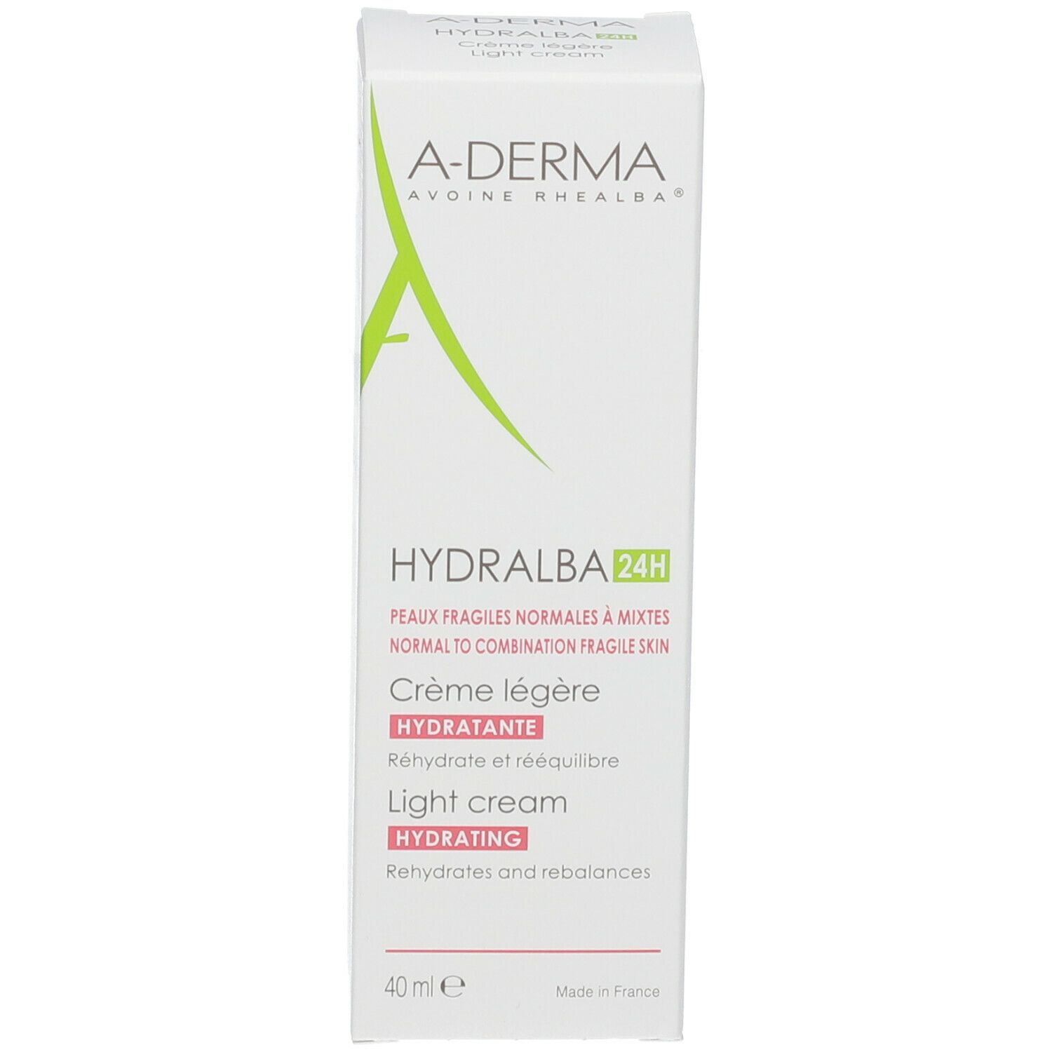 Confezione bianca A-Derma Hydralba 24H. Crème légère, light cream. Scritta 40 ml.