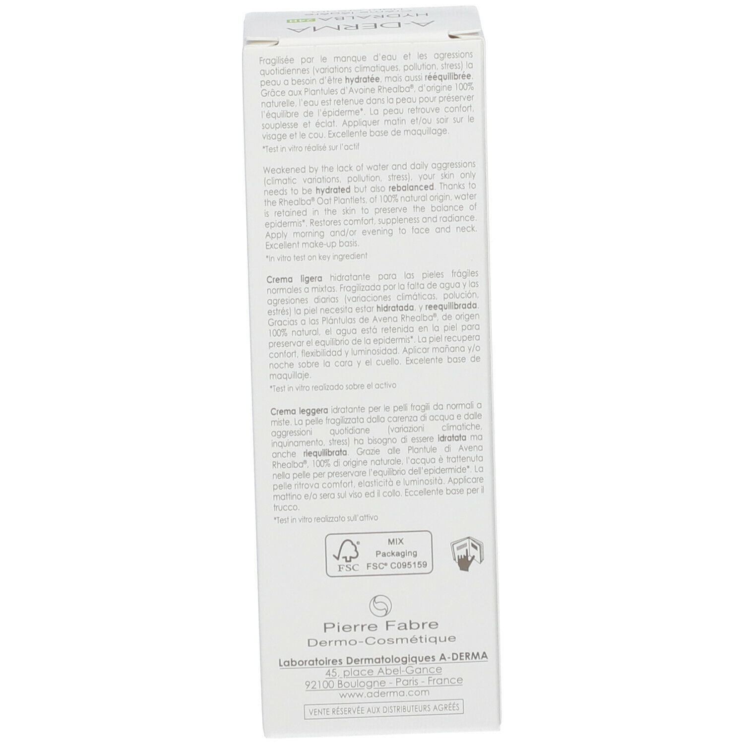 Lato della confezione con testo multilingue. Logo FSC.