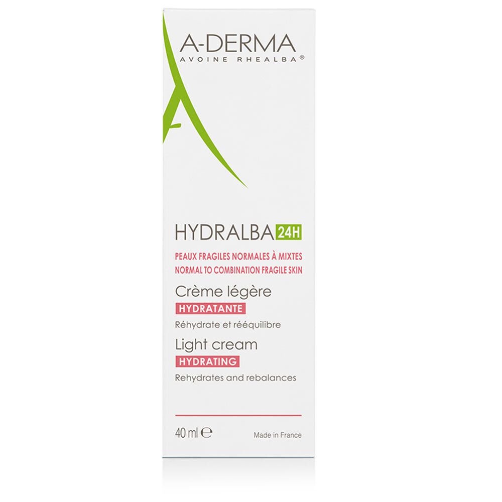 Confezione bianca A-Derma Hydralba 24H. Crème légère, light cream. Scritta 40 ml.