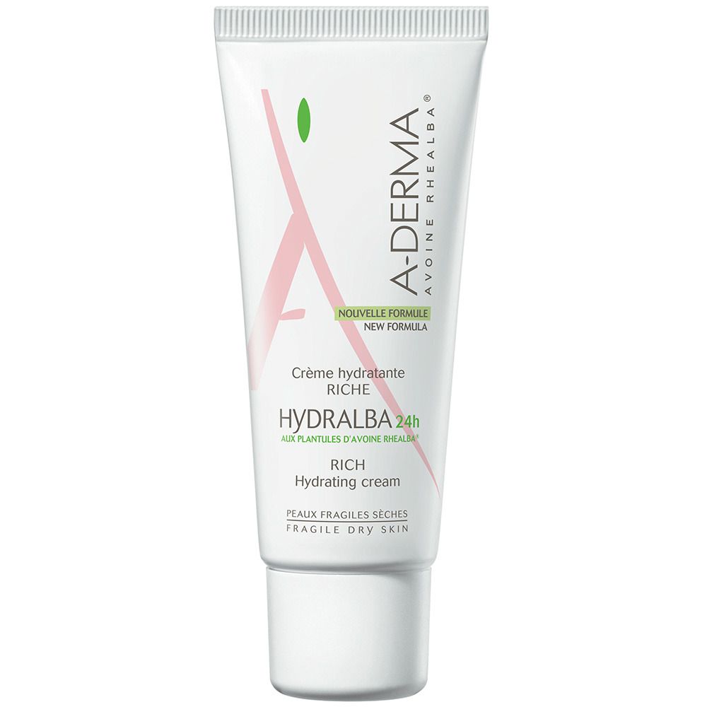 Tubo bianco A-DERMA HYDRALBA 24H. Scritte: Crème hydratante riche, Rich Hydrating cream. Per pelli fragili e secche.