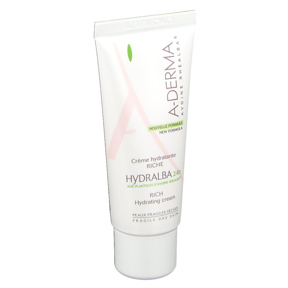 Tubo bianco A-DERMA HYDRALBA 24H. Scritte: Crème hydratante riche, Rich Hydrating cream. Per pelli fragili e secche.