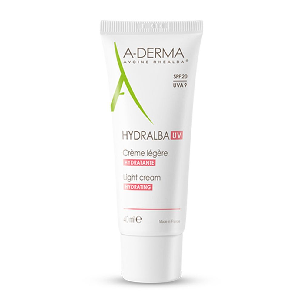 Tubo bianco A-DERMA HYDRALBA UV. Contiene SPF 20 e UVA 9. Crema leggera idratante. 40ml.