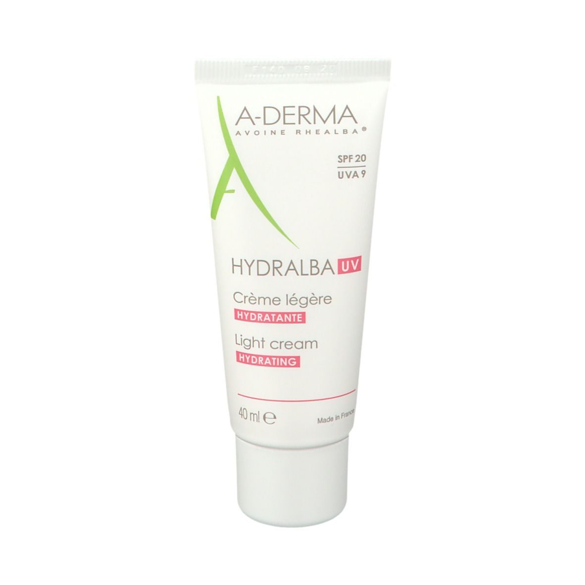Tubo bianco A-DERMA HYDRALBA UV. Contiene SPF 20 e UVA 9. Crema leggera idratante. 40ml.