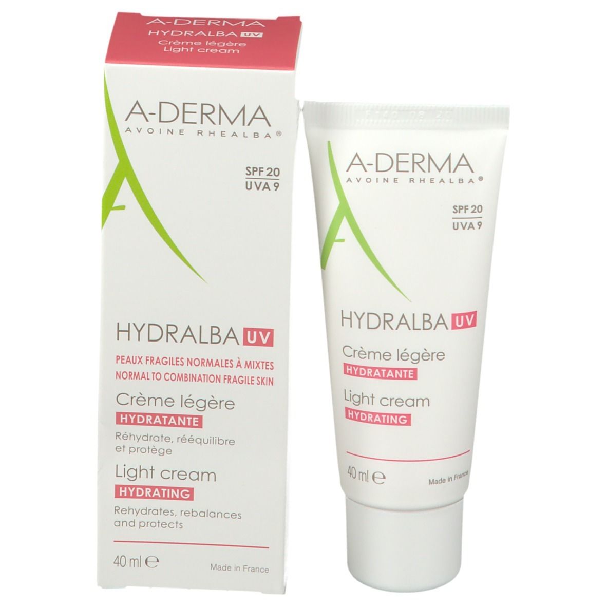 Prodotto A-DERMA HYDRALBA UV con confezione. Contiene SPF 20 e UVA 9. Crema leggera idratante. 40ml.