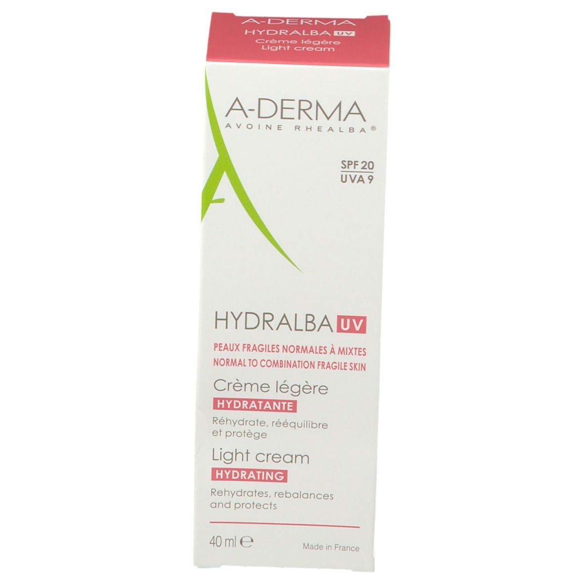 Confezione A-DERMA HYDRALBA UV. Contiene SPF 20 e UVA 9. Crema leggera idratante. 40ml.