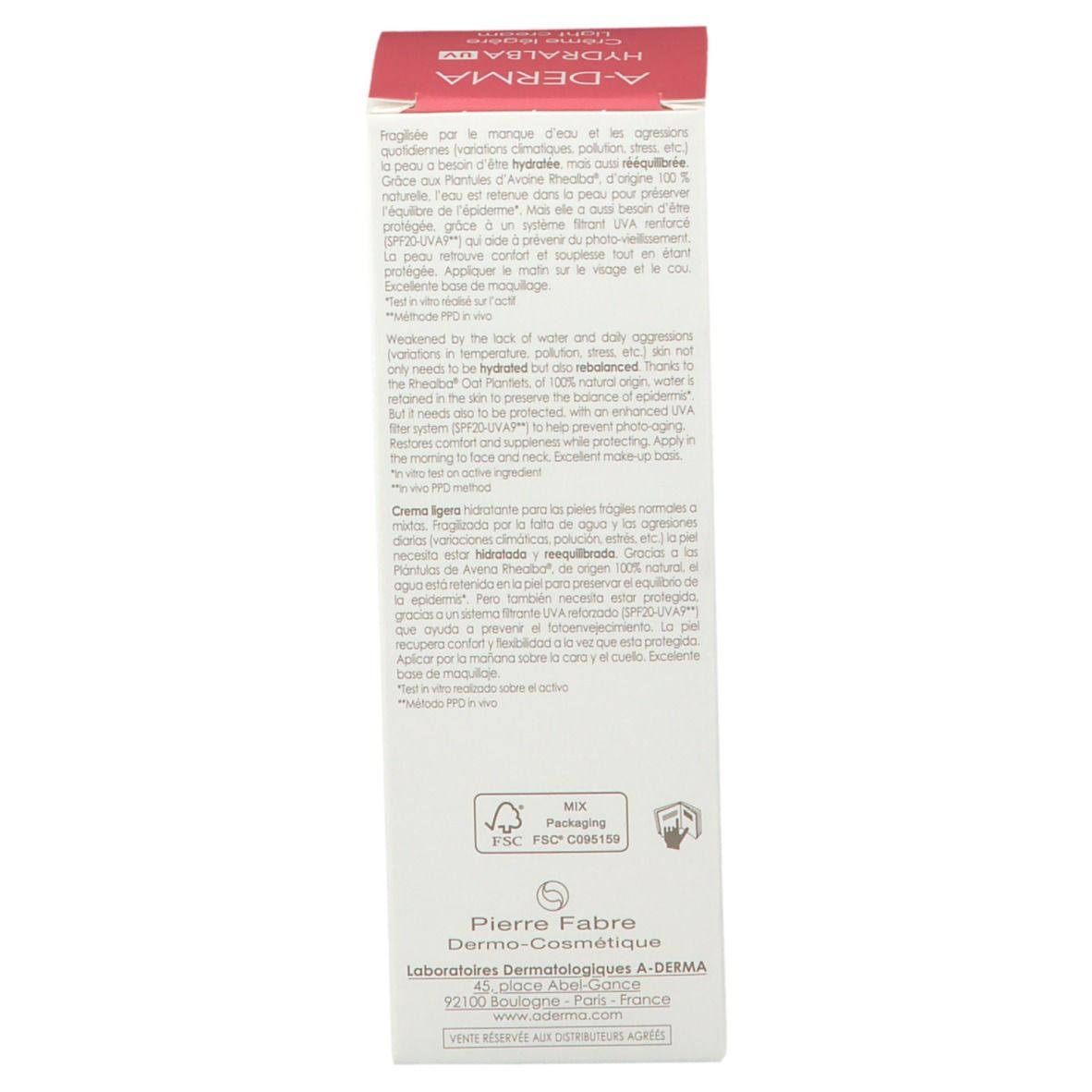 Confezione con informazioni sul prodotto e ingredienti. Contiene A-DERMA HYDRALBA UV. Multilingue.
