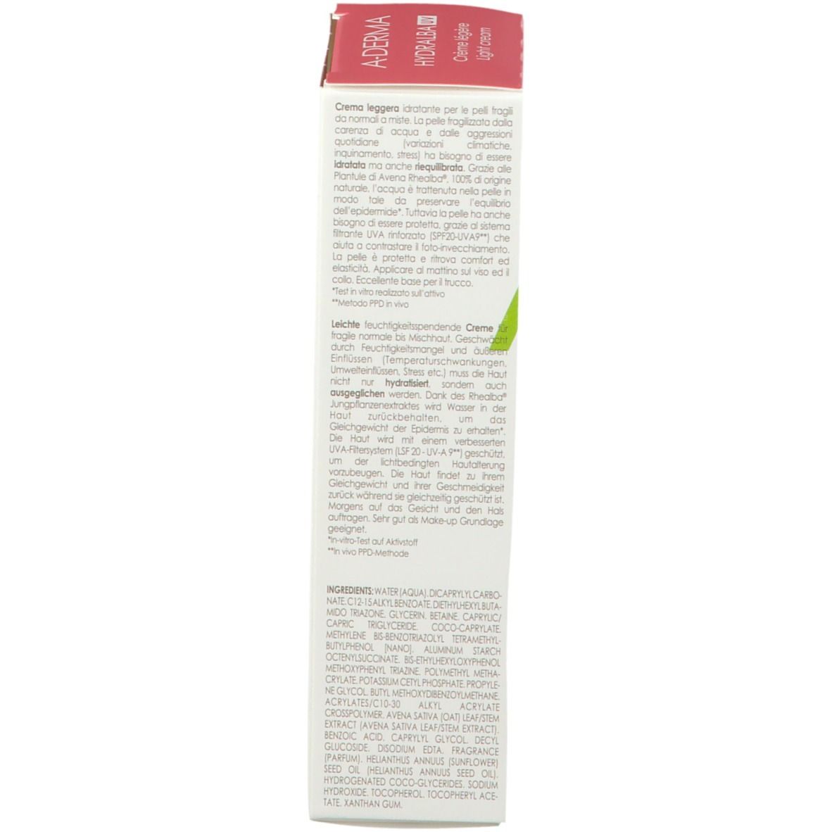 Confezione con informazioni sul prodotto e ingredienti. Contiene A-DERMA HYDRALBA UV. Multilingue.