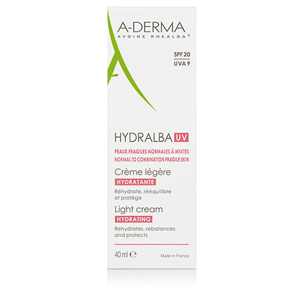 Confezione bianca A-DERMA HYDRALBA UV. Per pelli normali e miste. Crema leggera idratante. 40ml.