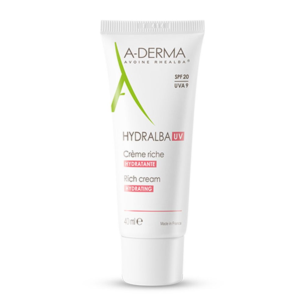 Tubo bianco A-DERMA HYDRALBA UV, SPF 20, UVA 9. Crema ricca idratante. 40 ml. Made in France.