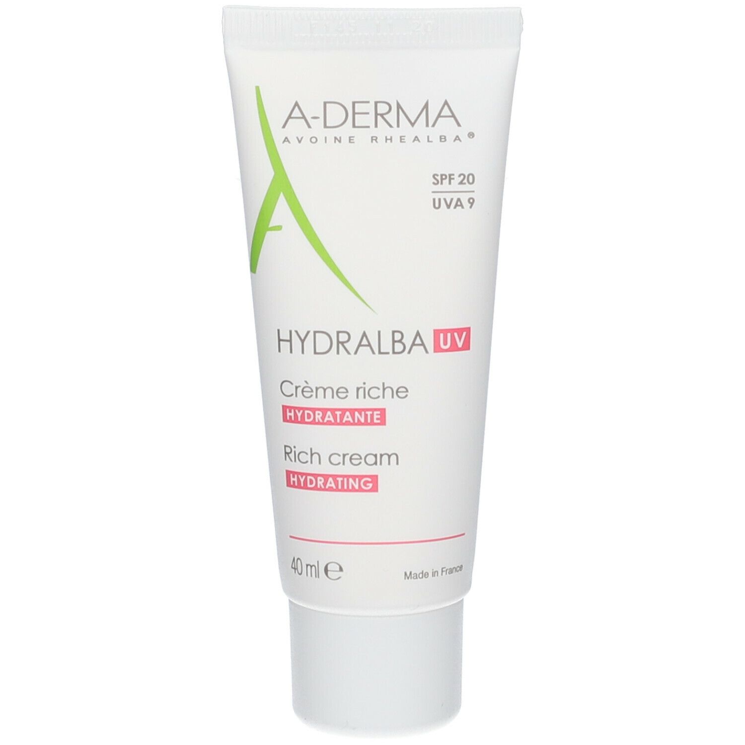 Tubo bianco A-DERMA HYDRALBA UV, crema ricca idratante. SPF 20, UVA 9. 40 ml. Made in France.
