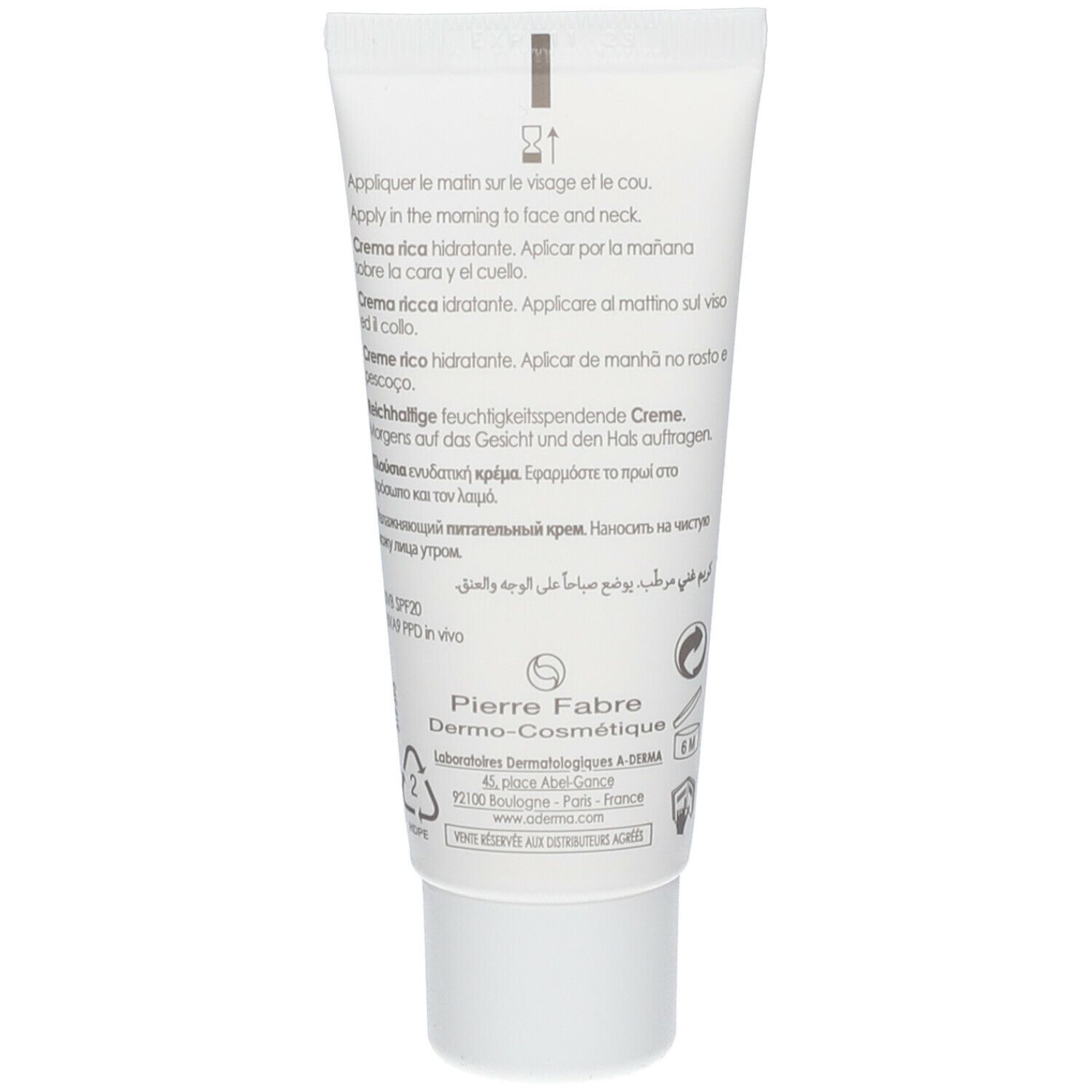 Retro del tubo A-DERMA HYDRALBA UV. Istruzioni multilingue. Pierre Fabre Dermo-Cosmétique.